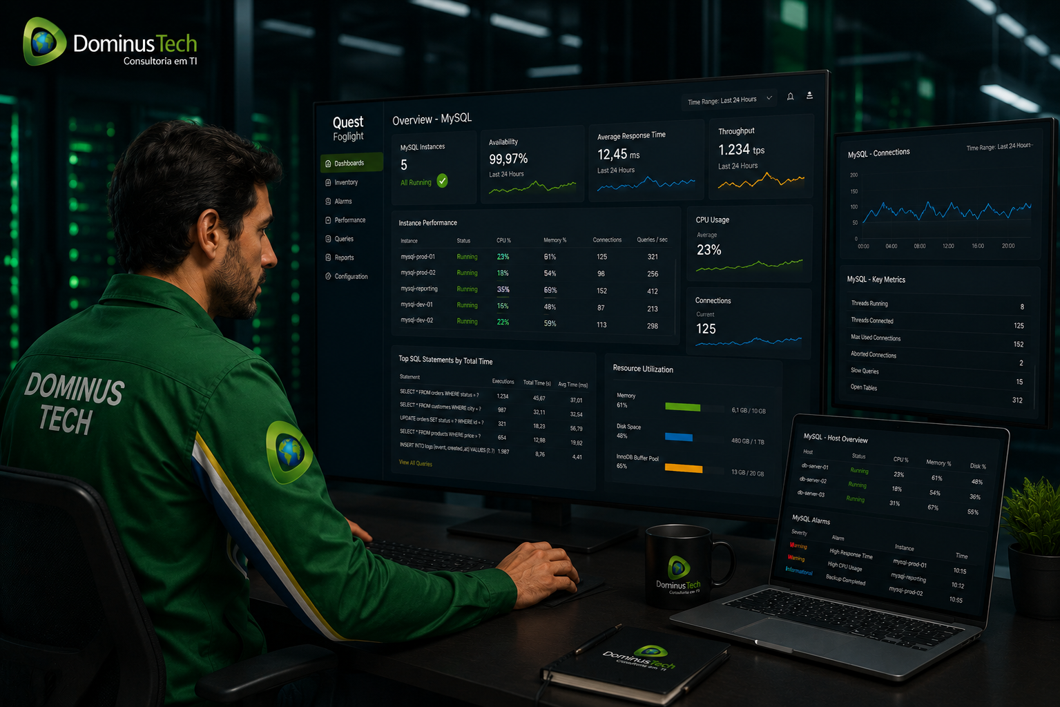 Administrador de banco de dados monitorando ambiente MySQL corporativo com Quest Foglight em um dashboard com métricas de desempenho, consultas SQL, utilização de recursos e disponibilidade, utilizando soluções da Dominus Tech.