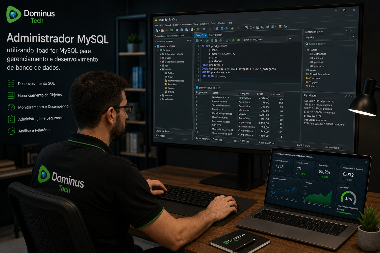 Administrador MySQL utilizando o Toad for MySQL para desenvolvimento SQL, gerenciamento de banco de dados, monitoramento de desempenho e administração de ambientes corporativos na Dominus Tech.