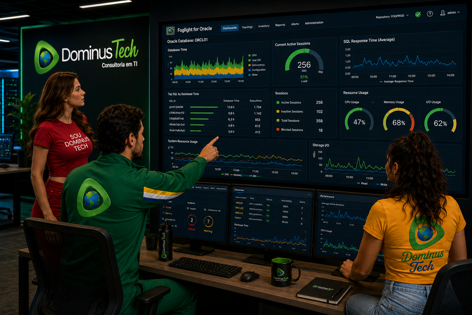 Administrador Oracle e equipe da Dominus Tech analisando indicadores de desempenho no Foglight for Oracle em um Centro de Operações (NOC), acompanhando métricas de sessões, utilização de CPU, memória, armazenamento e recursos do Oracle Database em tempo real.