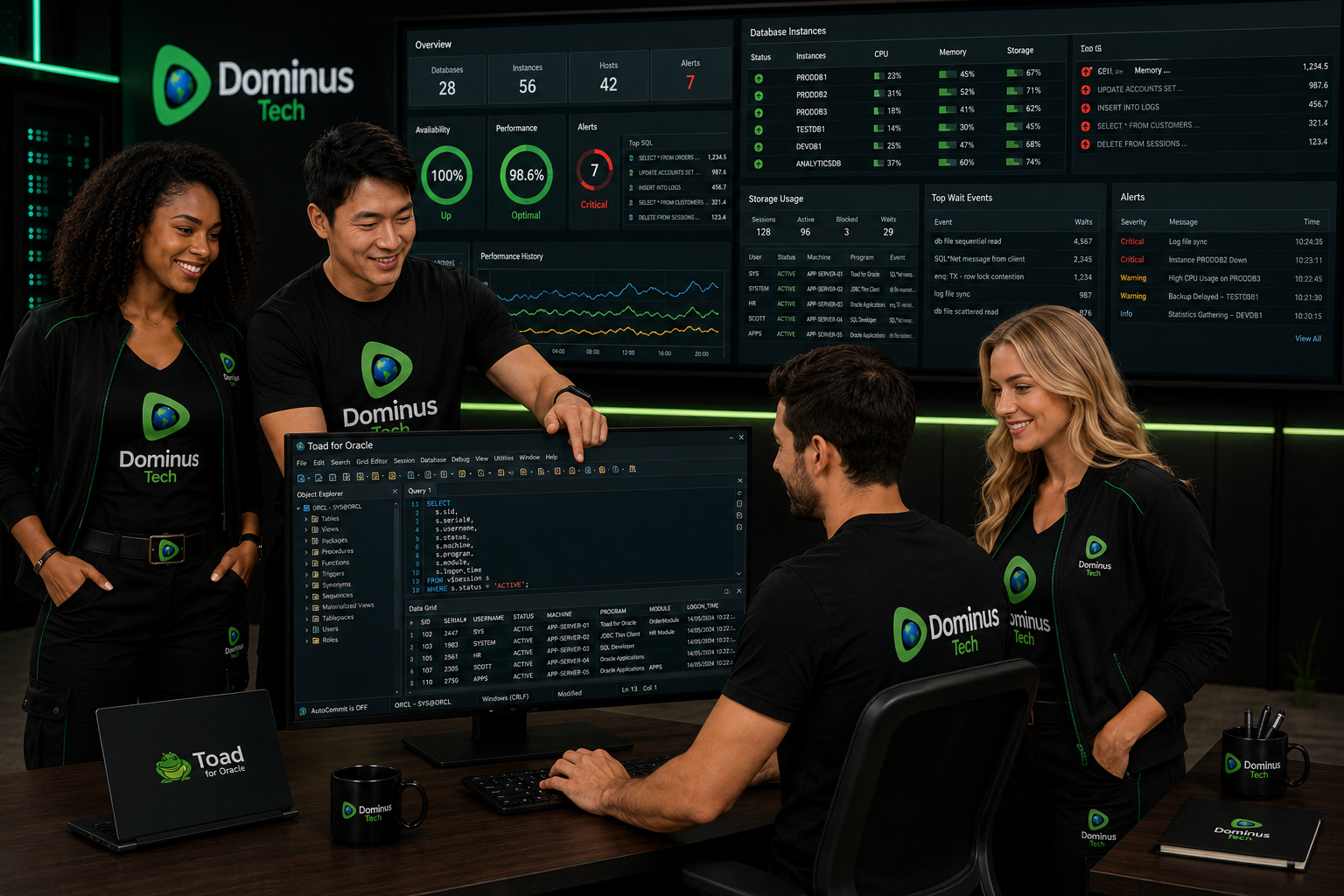Administrador Oracle utilizando o Toad for Oracle para gerenciamento de bancos de dados corporativos, acompanhado por uma equipe multicultural da Dominus Tech, incluindo profissionais loira, japonesa, negro e caucasiano, monitorando um grande dashboard de desempenho, disponibilidade e observabilidade em um Centro de Operações de Banco de Dados (DBOC).