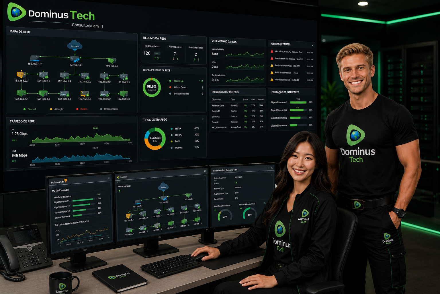 Administrador de redes monitorando uma infraestrutura corporativa por meio de dashboards do SolarWinds, acompanhando switches, roteadores, conexões de rede, tráfego, disponibilidade e indicadores de desempenho em tempo real, ao lado de uma especialista da Dominus Tech.