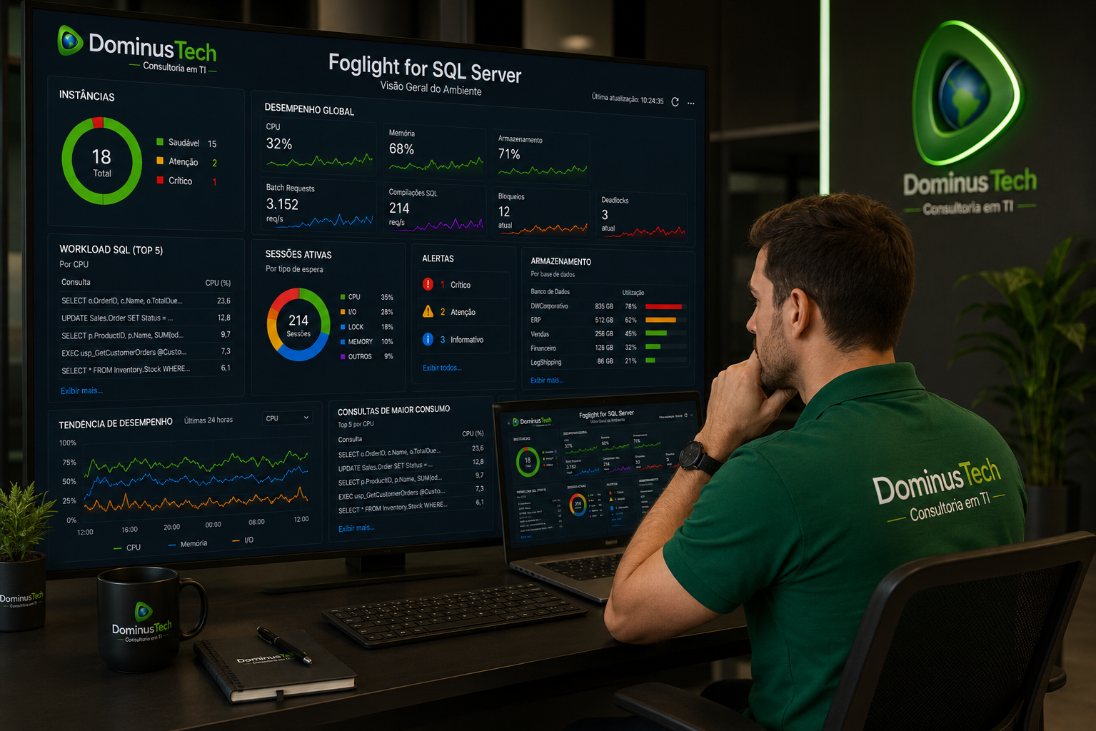 Administrador SQL Server da Dominus Tech analisando o dashboard do Foglight for SQL Server com indicadores de desempenho, workload SQL, utilização de CPU, memória, armazenamento, sessões ativas, bloqueios, deadlocks, alertas e tendências de performance em tempo real.