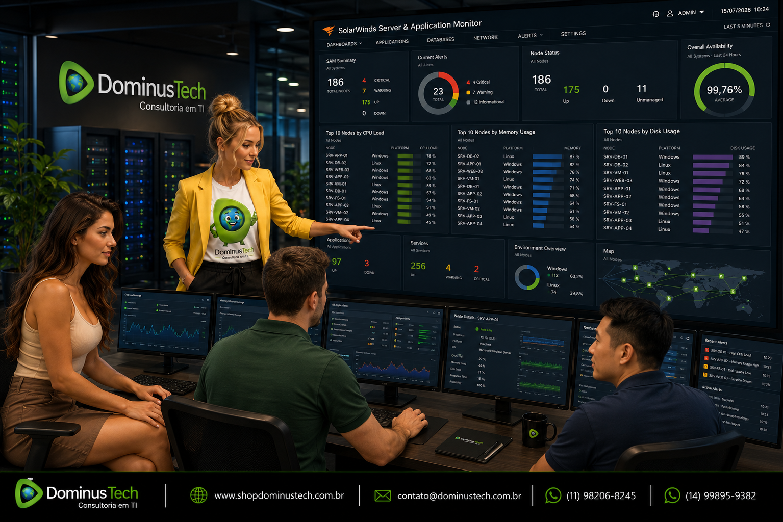 Equipe de administradores de TI da Dominus Tech acompanhando aplicações corporativas, servidores Windows e Linux e serviços críticos em dashboards do SolarWinds Server & Application Monitor (SAM), com monitoramento em tempo real de desempenho, disponibilidade, CPU, memória, armazenamento e alertas operacionais.