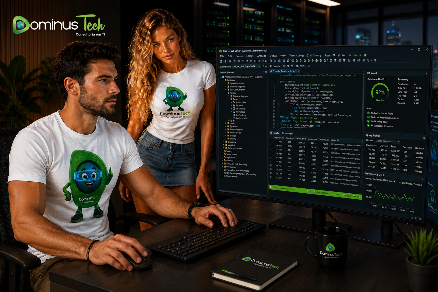 Administrador de banco de dados utilizando o Toad for SQL Server para executar consultas T-SQL, analisar desempenho e gerenciar bancos de dados corporativos em ambiente enterprise da Dominus Tech.