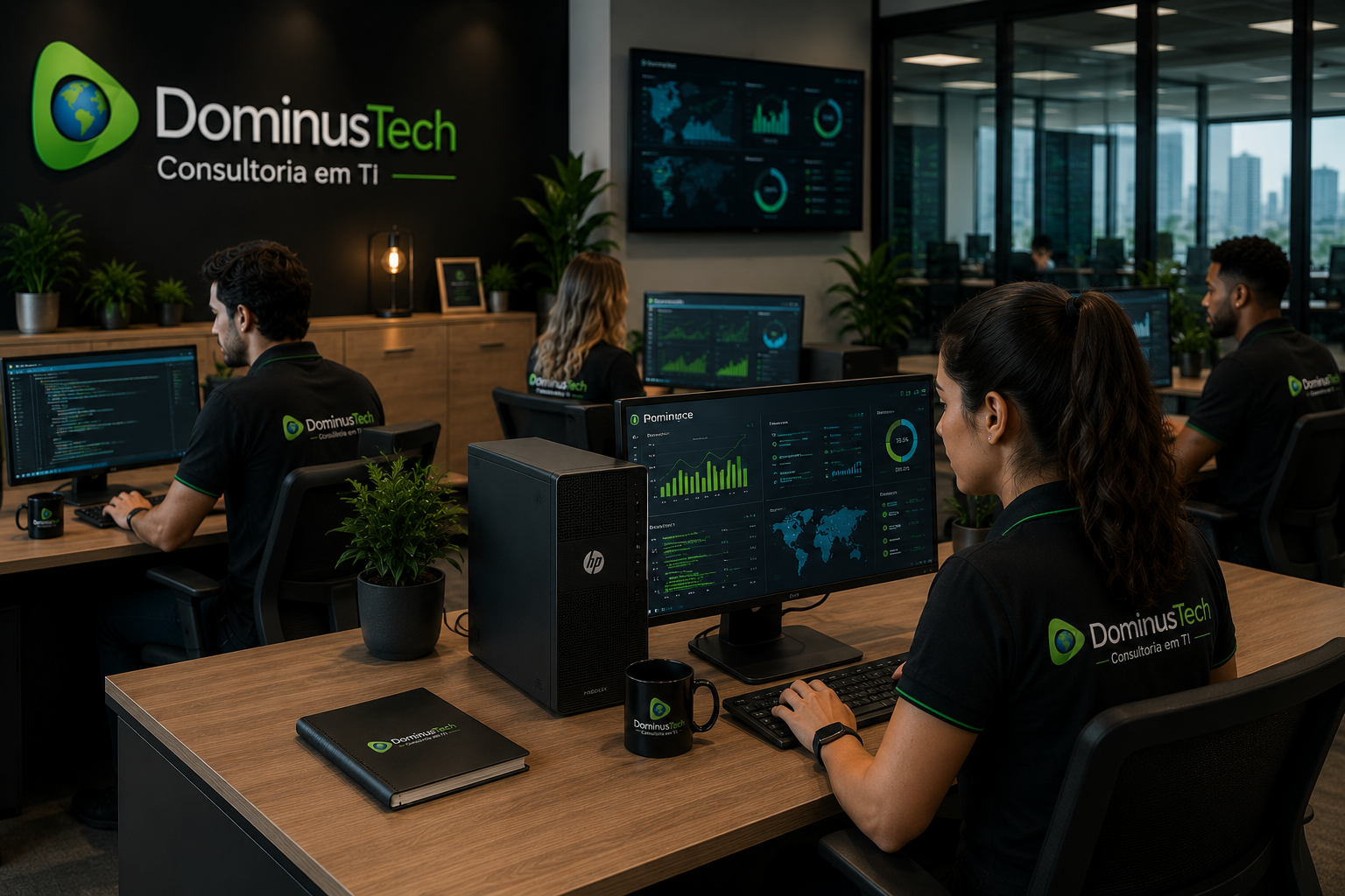 Ambiente corporativo moderno com estações de trabalho equipadas com desktops HP, profissionais da Dominus Tech realizando atividades de consultoria em TI e monitoramento de infraestrutura em escritório empresarial de alta tecnologia.
