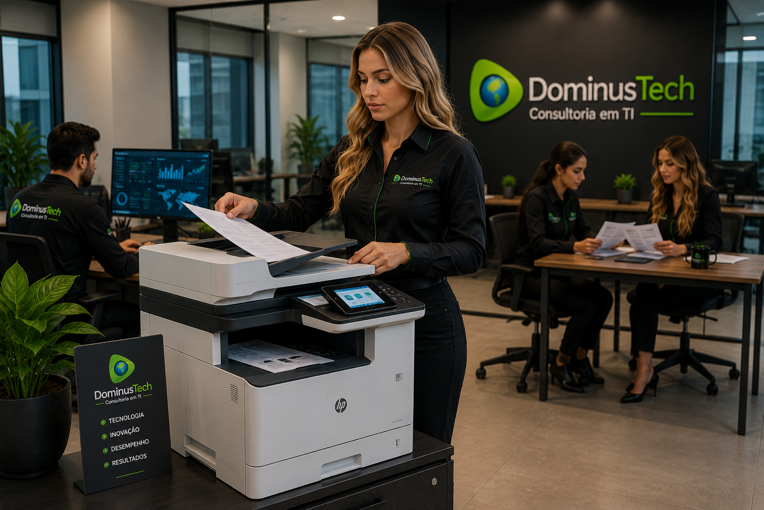 Profissionais da Dominus Tech utilizando impressora multifuncional HP em ambiente corporativo para impressão, digitalização e gerenciamento de documentos, com escritório moderno e foco em produtividade empresarial. Impressoras HP para Empresas