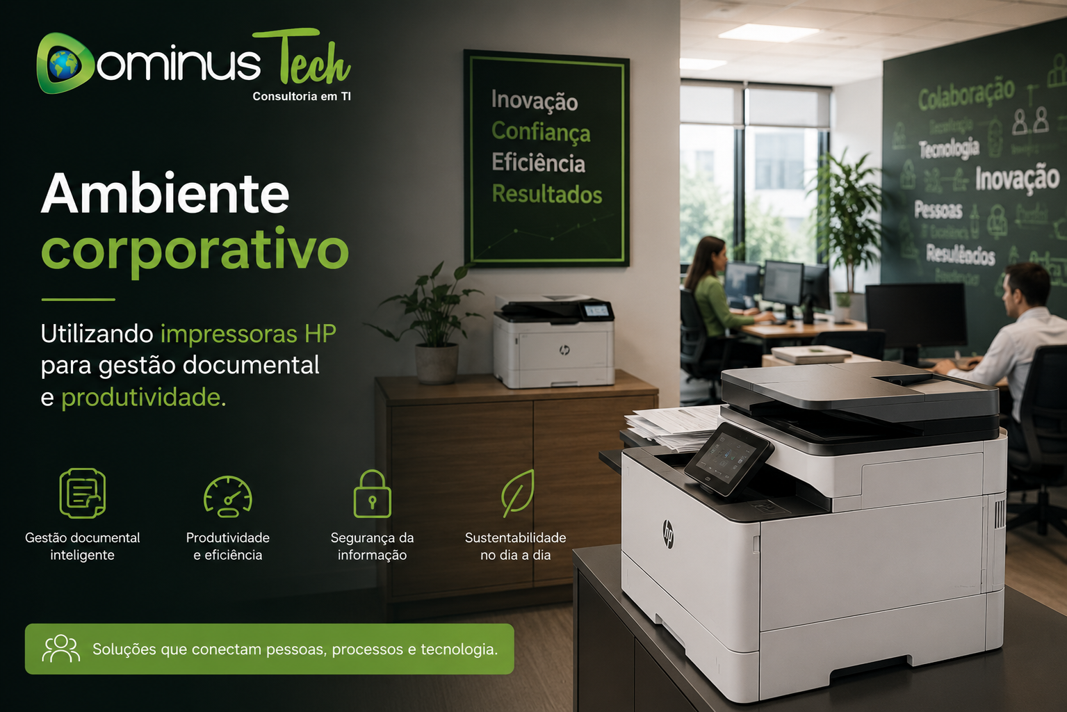 Text) Ambiente corporativo moderno utilizando impressoras HP para gestão documental, digitalização, impressão e aumento da produtividade empresarial, apresentado pela Dominus Tech.