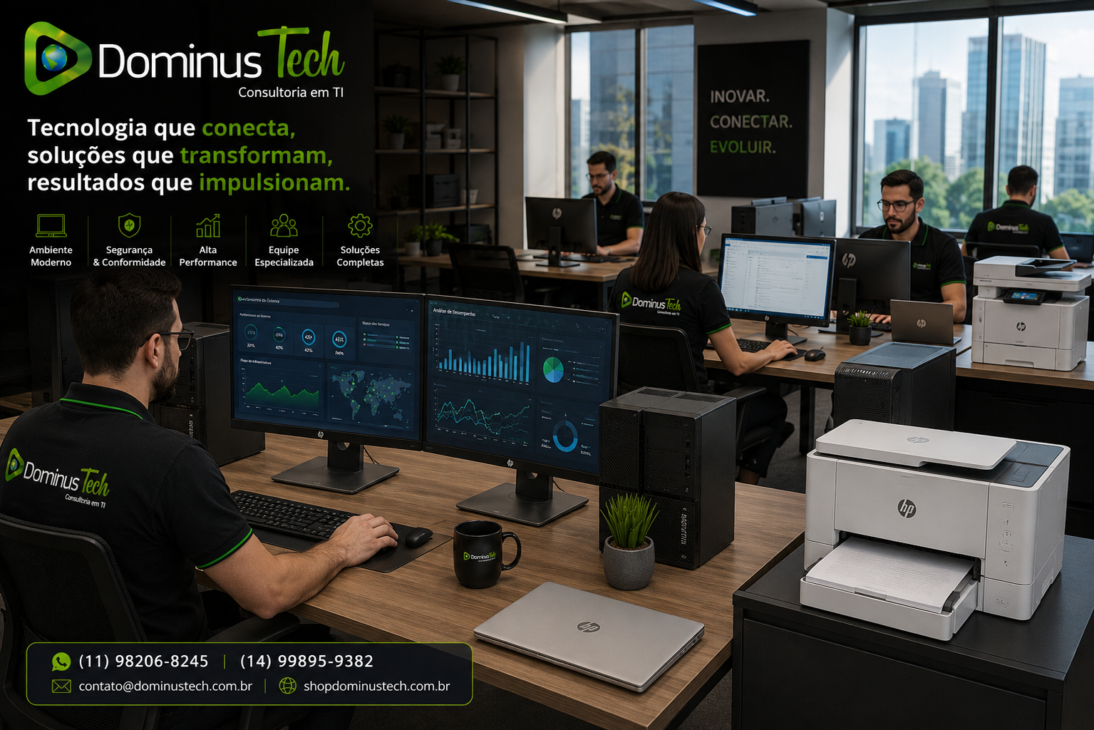 Ambiente corporativo moderno equipado com notebooks, desktops, workstations e impressoras HP utilizados pela equipe da Dominus Tech para produtividade, aplicações empresariais, analytics e infraestrutura de TI.