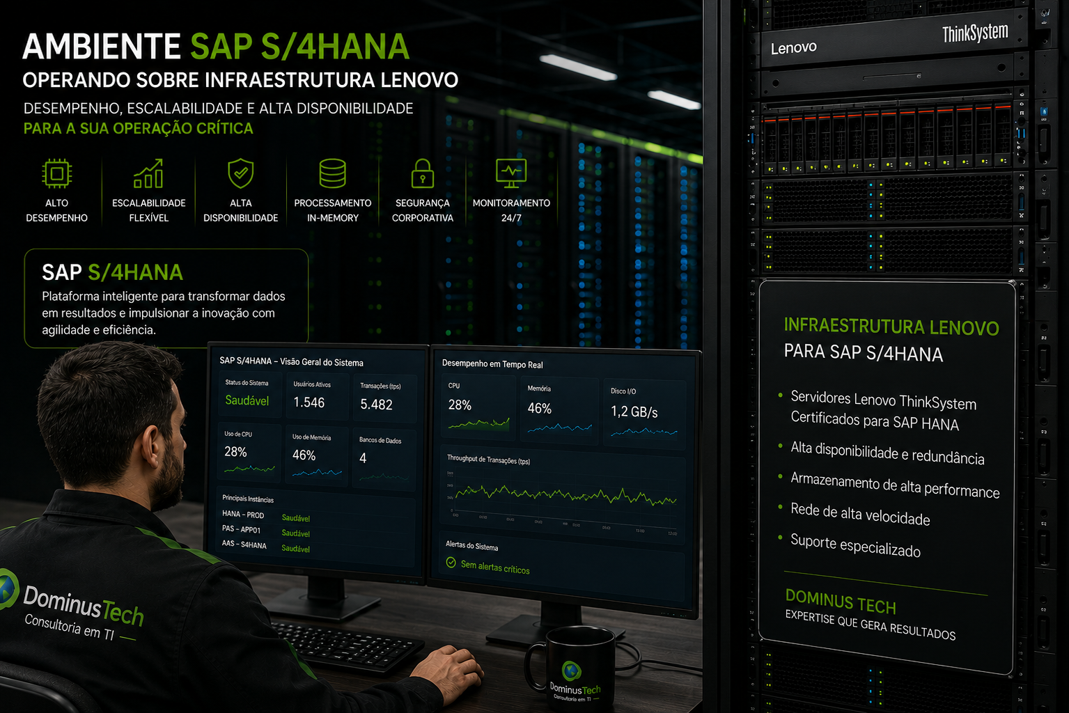 Ambiente SAP S/4HANA executando sobre infraestrutura Lenovo ThinkSystem em data center corporativo moderno, com servidores de alta performance, monitoramento em tempo real e equipe da Dominus Tech administrando aplicações empresariais críticas.