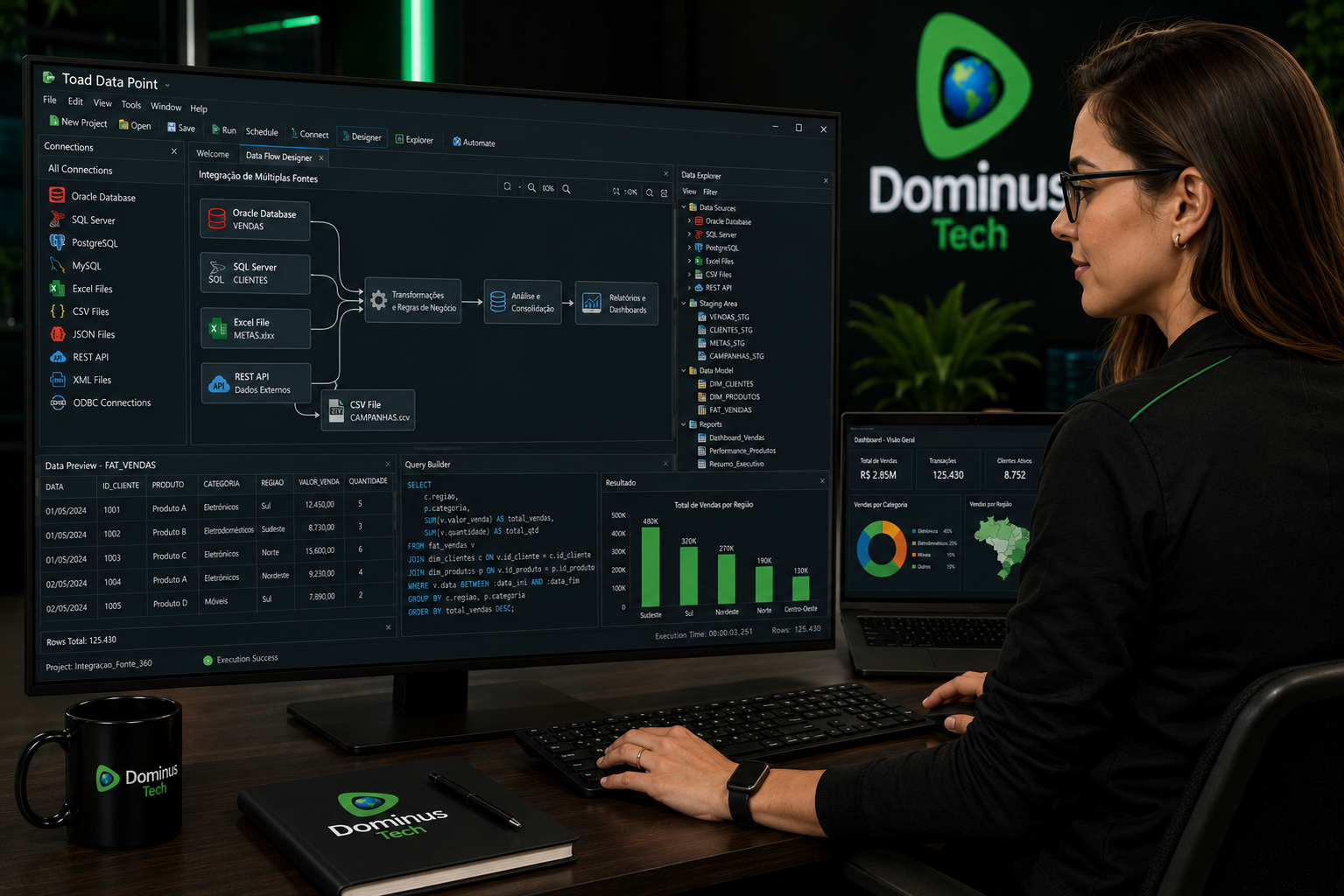 Analista de dados da Dominus Tech utilizando o Toad Data Point para integrar múltiplas fontes de dados, desenvolver consultas SQL, transformar informações e criar análises corporativas em ambiente profissional.