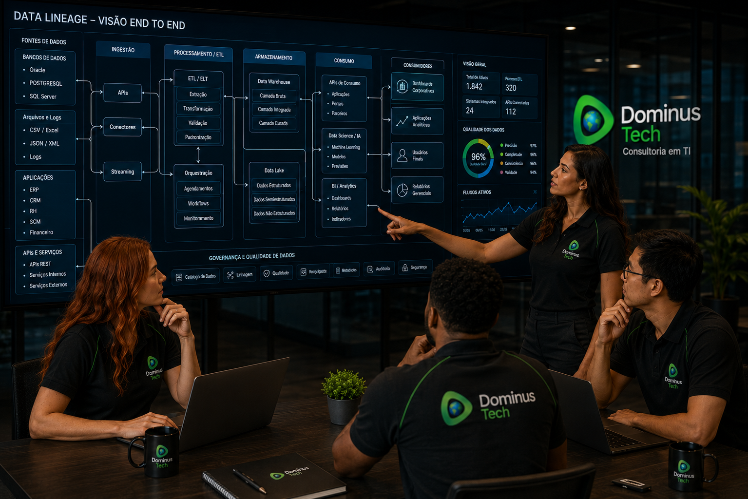 Arquitetos de dados da Dominus Tech analisando um mapa visual de Data Lineage com o Erwin by Quest, exibindo fluxos entre bancos de dados, processos ETL, APIs, sistemas corporativos e dashboards de governança em um centro de excelência em dados.