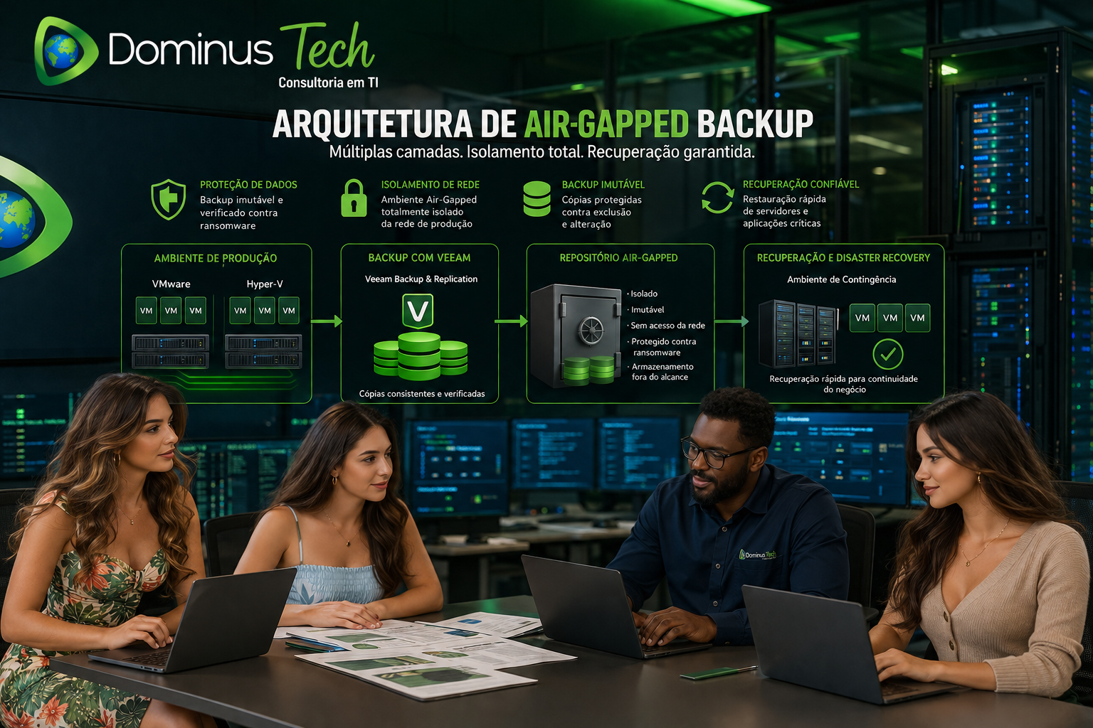 Arquitetura de backup air-gapped integrada ao Veeam com cópias imutáveis e isoladas protegendo servidores e aplicações corporativas contra ransomware