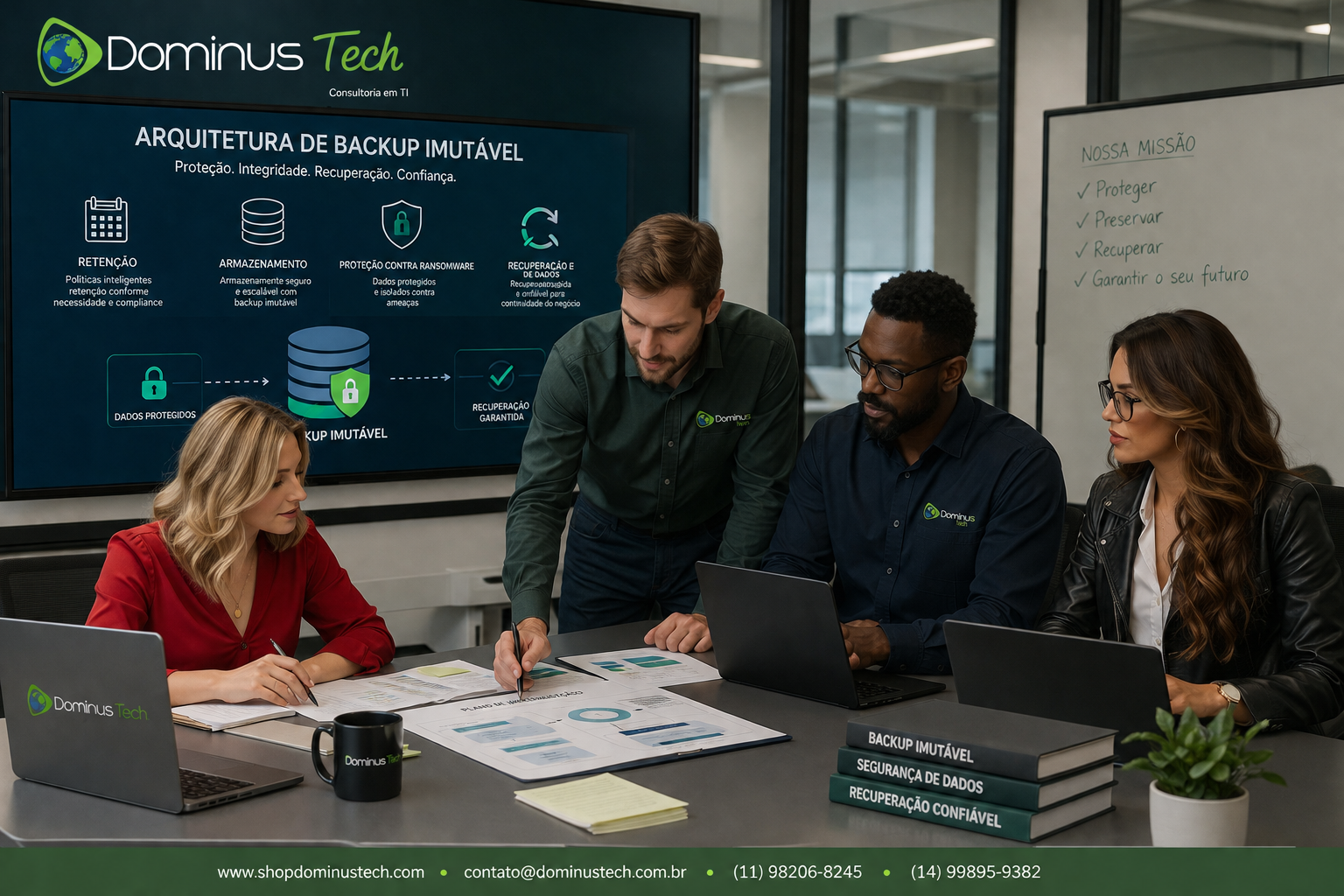 Equipe da Dominus Tech planejando arquitetura de backup imutável com foco em retenção de dados, proteção contra ransomware e recuperação segura.