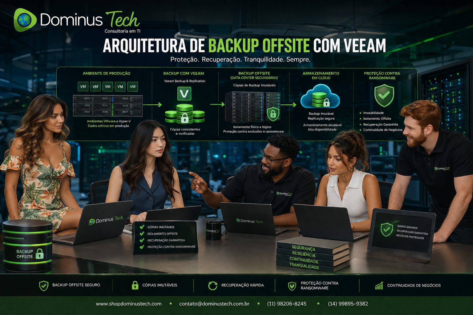 Equipe da Dominus Tech apresentando arquitetura de backup offsite com Veeam, incluindo servidores de produção, replicação para datacenter secundário, armazenamento em cloud e proteção contra ransomware