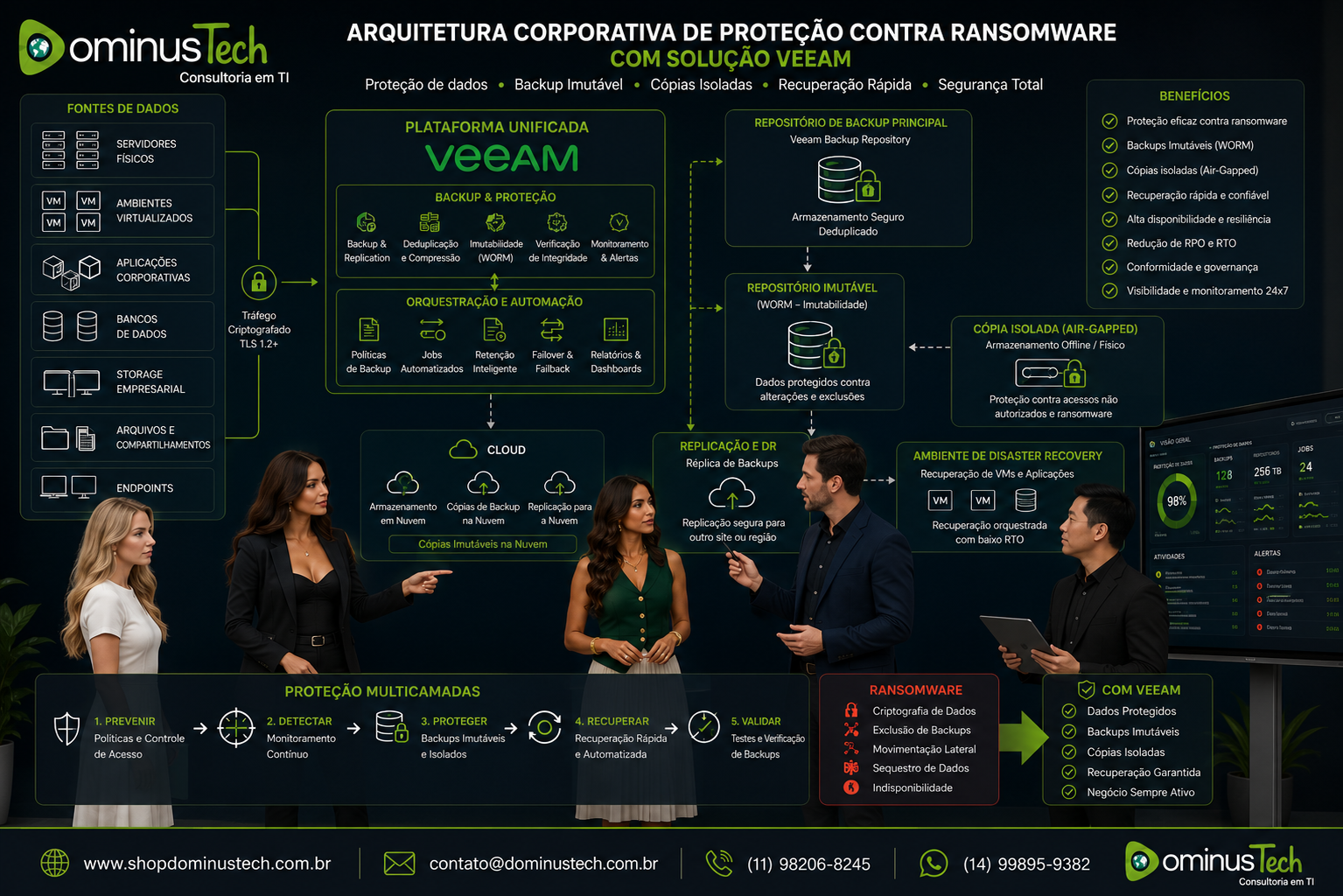 Diagrama da Dominus Tech apresentando uma arquitetura corporativa de proteção contra ransomware com Veeam, incluindo backup imutável, cópias isoladas, recuperação de desastres, replicação, armazenamento seguro e gerenciamento centralizado para ambientes corporativos.