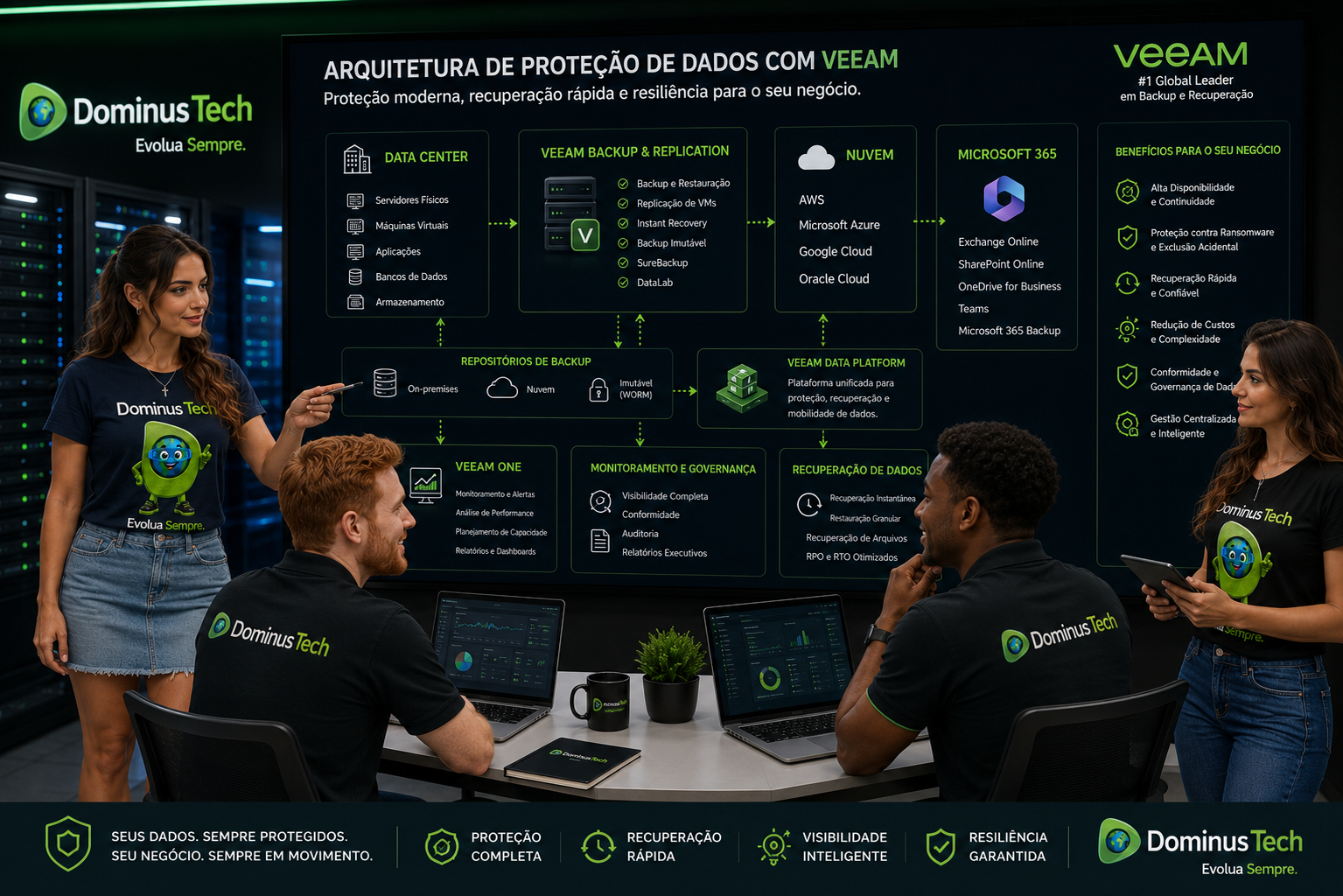 Equipe de especialistas da Dominus Tech apresentando uma arquitetura de proteção de dados baseada em Veeam, com integração entre data center, nuvem, Microsoft 365 e ambientes virtualizados, destacando backup, recuperação e monitoramento centralizados.