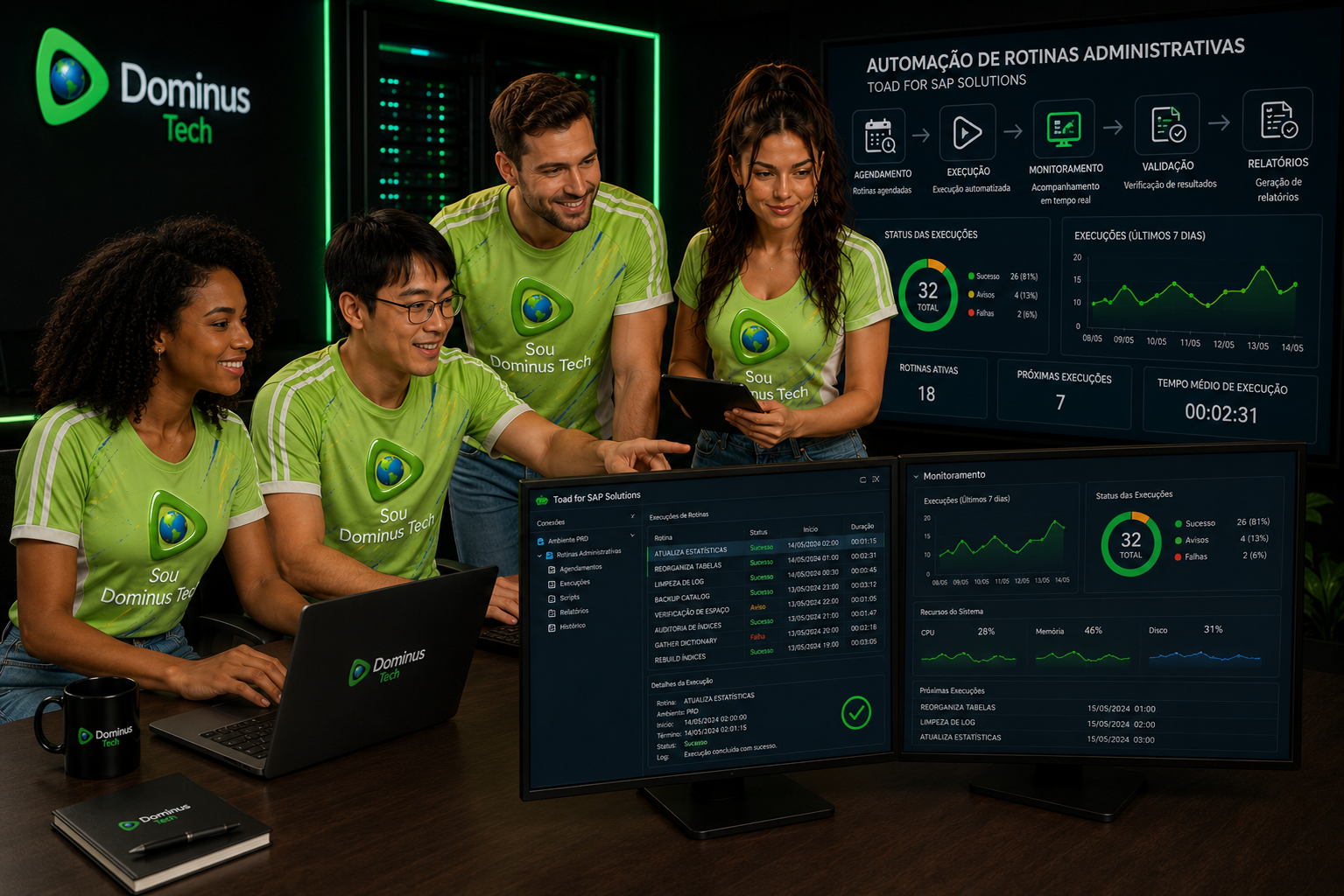 Equipe da Dominus Tech monitorando a automação de rotinas administrativas com Toad for SAP Solutions em ambiente corporativo, acompanhando dashboards, execuções automatizadas e monitoramento operacional. As tecnologias Oracle, SAP e SAP HANA são apresentadas apenas em texto, sem utilização de logotipos.