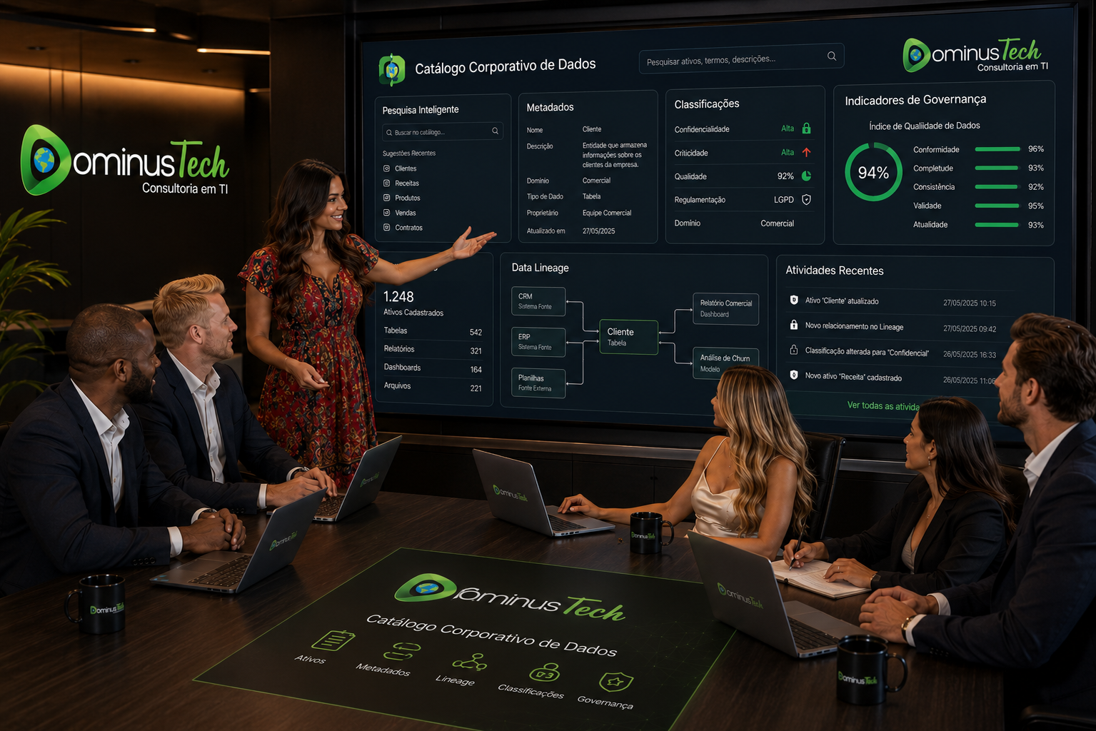 Equipe de especialistas da Dominus Tech consultando um catálogo corporativo de dados em um painel digital com pesquisa inteligente, metadados, classificações, Data Lineage e indicadores de governança utilizando o ecossistema Erwin by Quest.