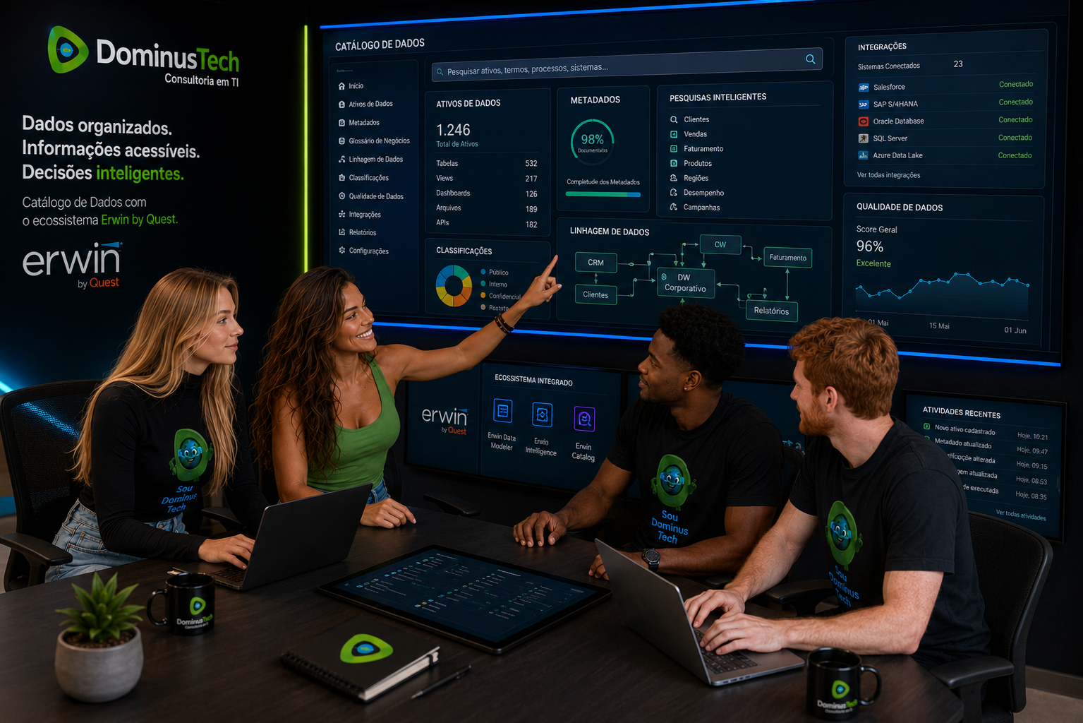 Equipe da Dominus Tech trabalhando em um ambiente corporativo de alta tecnologia consultando um catálogo de dados em grandes telas interativas, com dashboards de governança, ativos de dados, metadados, pesquisas inteligentes, linhagem de dados, classificações e integrações entre sistemas utilizando o ecossistema Erwin by Quest.