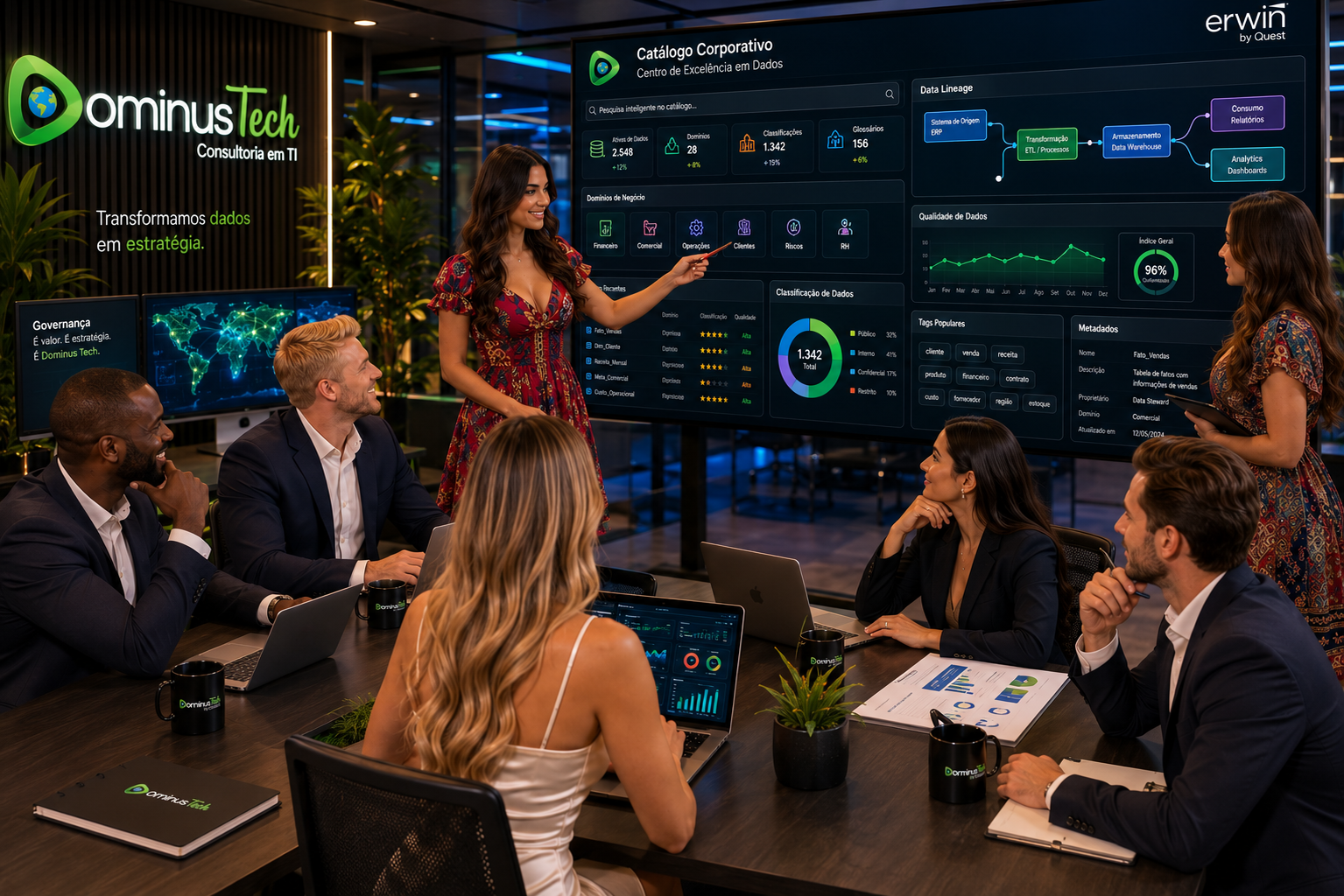 Equipe da Dominus Tech reunida em um Centro de Excelência em Dados utilizando um Data Catalog corporativo com Erwin by Quest, analisando ativos de dados, pesquisa inteligente, metadados, Data Lineage, classificações e dashboards de governança.