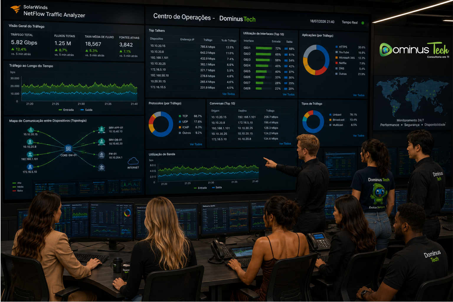 Centro de Operações da Dominus Tech utilizando o SolarWinds NetFlow Traffic Analyzer para monitorar tráfego de rede, utilização de banda, Top Talkers, aplicações, protocolos e comunicação entre dispositivos em tempo real.