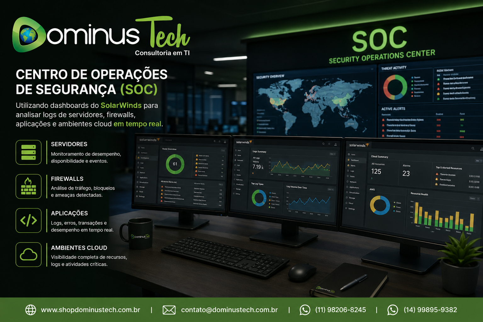 Centro de Operações de Segurança SOC da Dominus Tech utilizando dashboards do SolarWinds para monitoramento e análise de logs de servidores, firewalls, aplicações e ambientes cloud em tempo real.