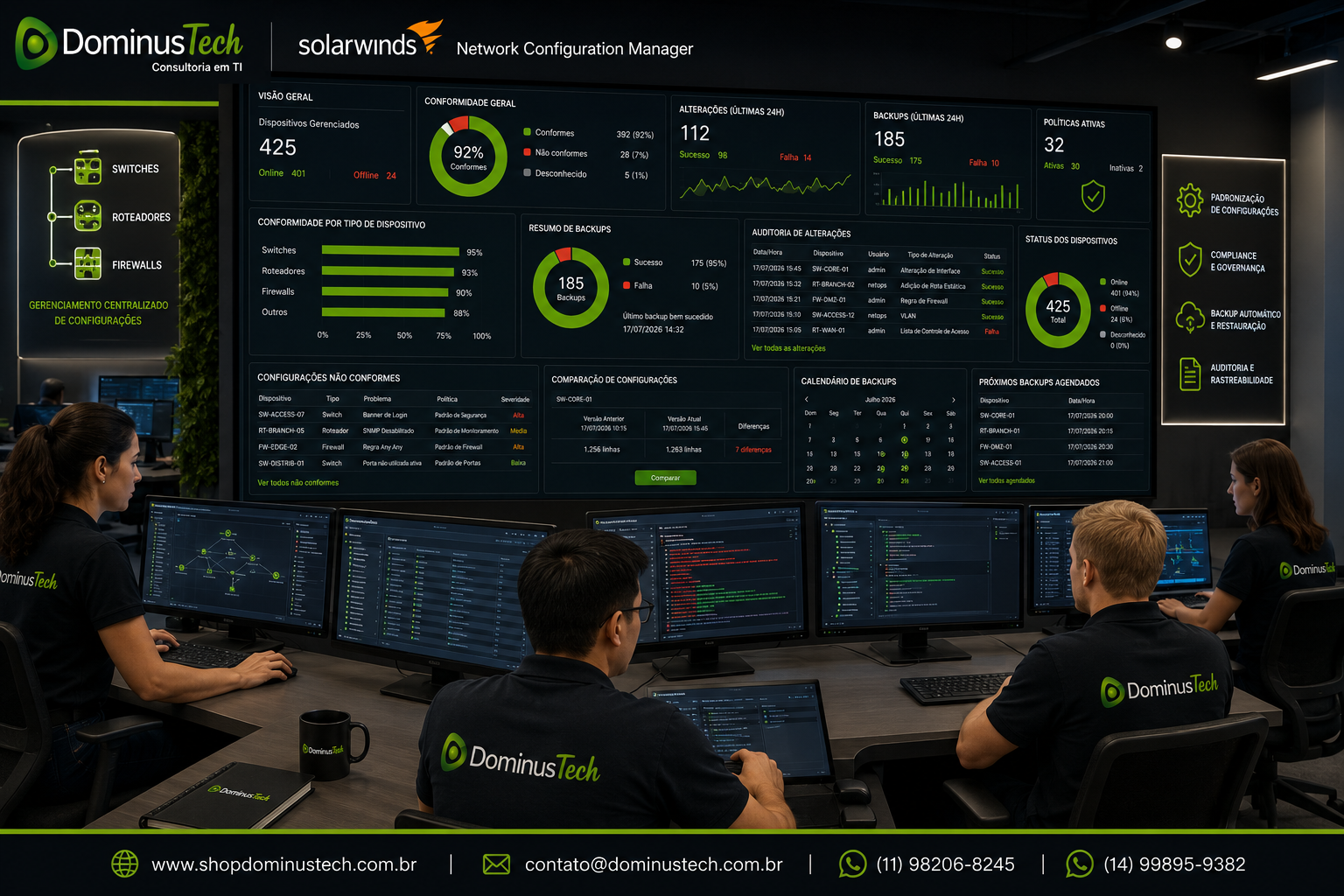 Centro de operações da Dominus Tech utilizando o SolarWinds Network Configuration Manager (NCM) para gerenciar configurações de switches, roteadores e firewalls, com dashboards de compliance, backups automáticos, auditoria de alterações e monitoramento em tempo real.