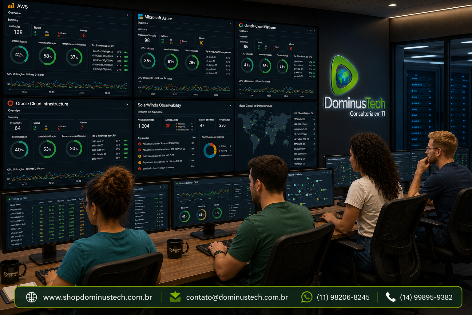 Centro de Operações de TI da Dominus Tech monitorando ambiente multicloud com dashboards do SolarWinds Observability para Oracle Cloud Infrastructure, AWS, Microsoft Azure e Google Cloud Platform, exibindo métricas de desempenho, disponibilidade e utilização de recursos em tempo real.