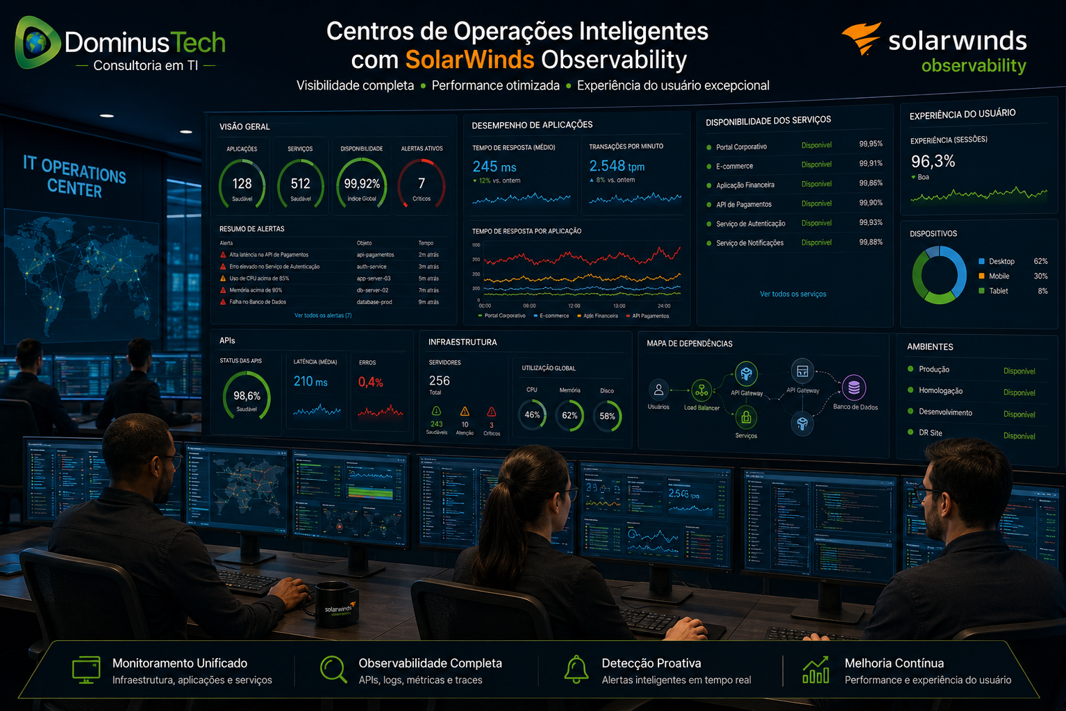 Profissionais de TI em um Centro de Operações monitorando dashboards do SolarWinds Observability com indicadores de desempenho de aplicações corporativas, APIs, serviços, servidores, infraestrutura e experiência do usuário em tempo real.