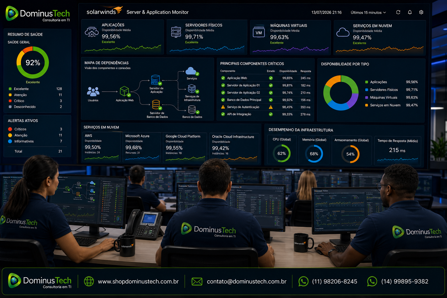 Centro de operações de TI da Dominus Tech utilizando dashboards do SolarWinds Server & Application Monitor (SAM) para monitorar aplicações corporativas, servidores físicos, máquinas virtuais e serviços em nuvem, com indicadores de desempenho, disponibilidade, utilização de recursos e saúde dos serviços em tempo real.