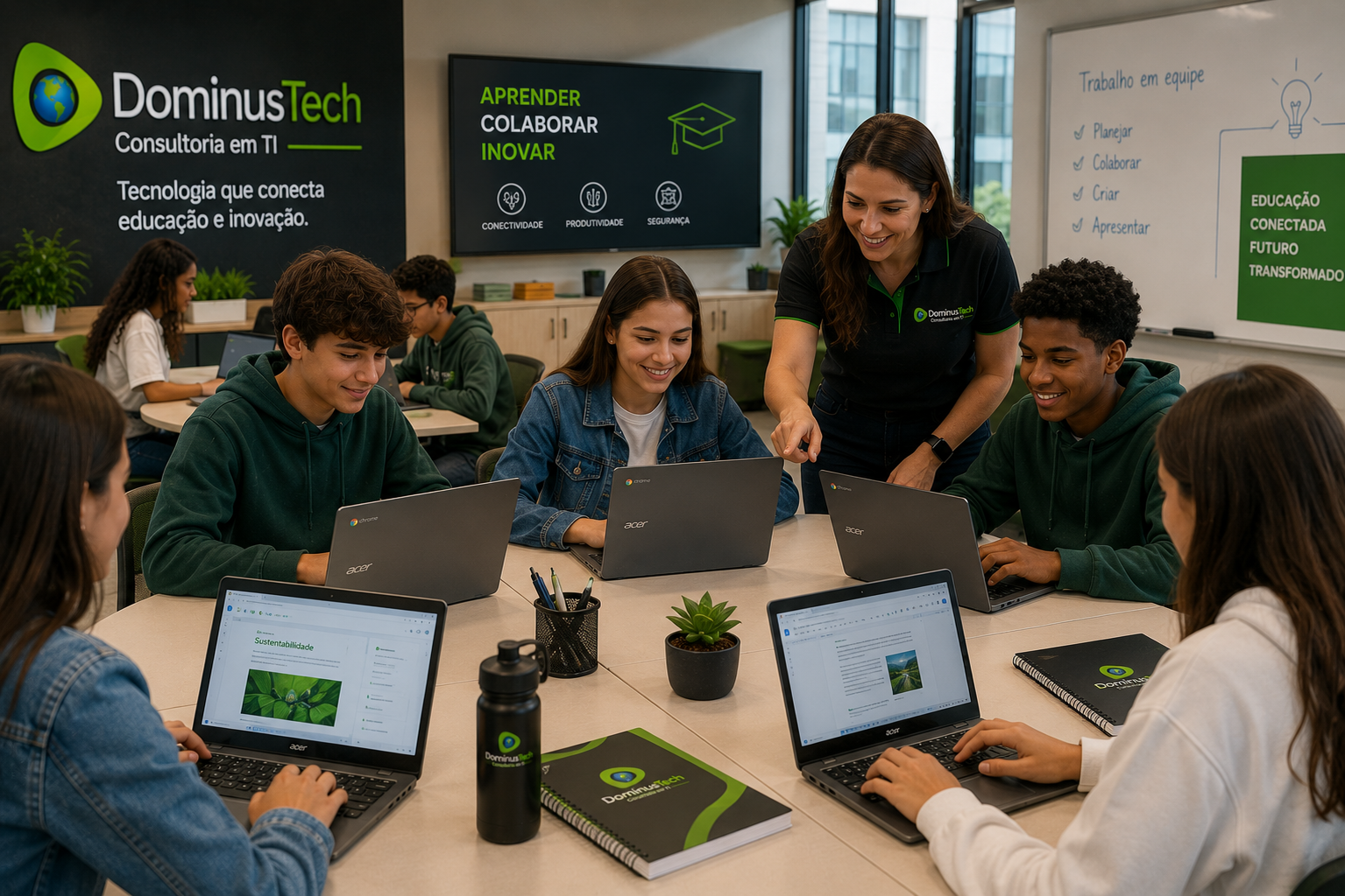 Alunos e educadores utilizando Chromebooks Acer em ambiente educacional colaborativo, promovendo aprendizado digital, trabalho em equipe, produtividade e inovação com o suporte da Dominus Tech.