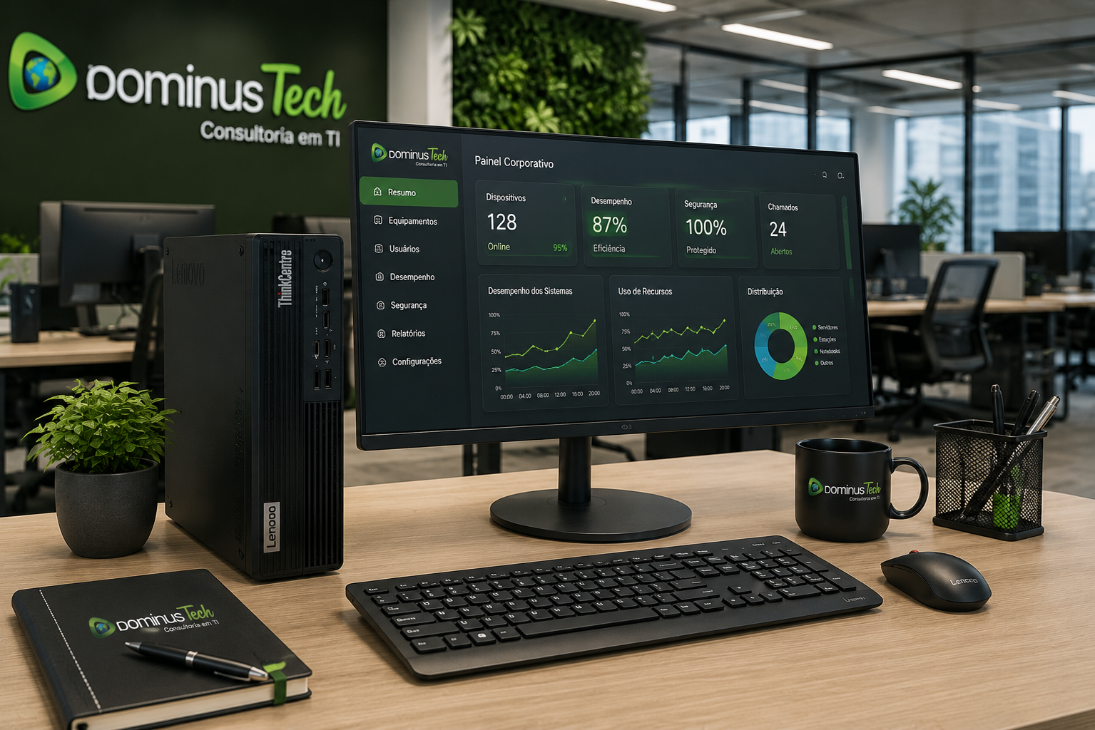 Computador Lenovo ThinkCentre utilizado em escritório corporativo moderno, com monitor profissional exibindo dashboard empresarial e ambiente de trabalho organizado para alta produtividade em empresas.
