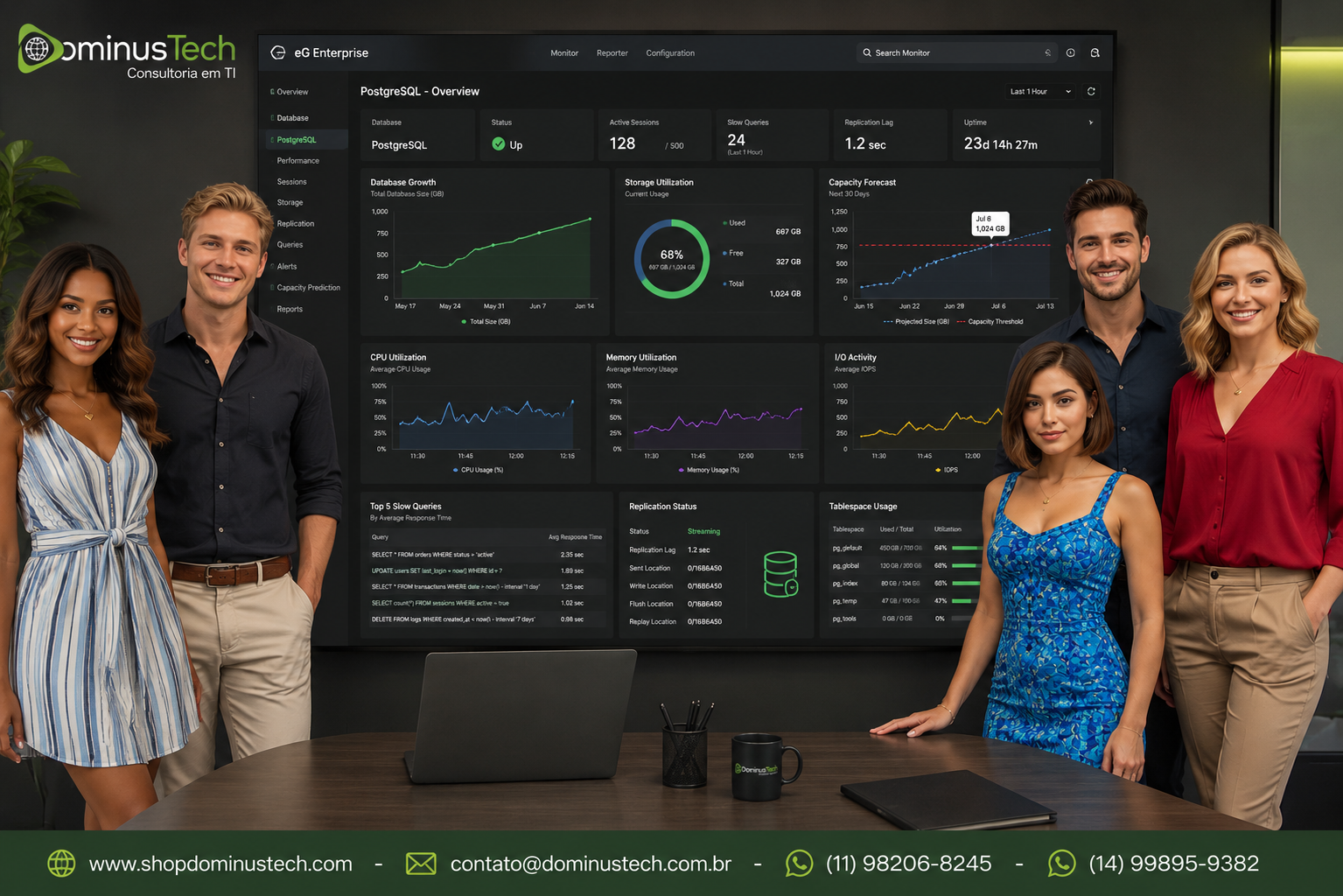 Dashboard do eG Enterprise monitorando PostgreSQL com gráficos de crescimento do banco de dados, utilização de armazenamento e previsão de capacidade, acompanhado por uma equipe da Dominus Tech composta por três mulheres, um homem branco e um homem loiro em ambiente corporativo.