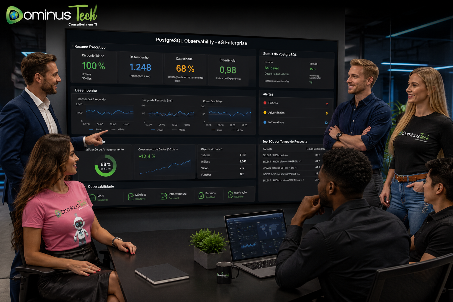 Dashboard executivo do eG Enterprise consolidando indicadores de disponibilidade, desempenho, capacidade e observabilidade do PostgreSQL em um único painel, com equipe da Dominus Tech analisando métricas de infraestrutura e banco de dados em ambiente corporativo.