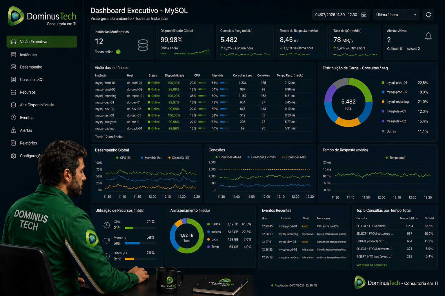 Dashboard executivo monitorando múltiplas instâncias MySQL com Foglight, exibindo métricas de desempenho, disponibilidade, consultas SQL, utilização de recursos, conexões e indicadores operacionais em tempo real, acompanhado pela equipe da Dominus Tech.