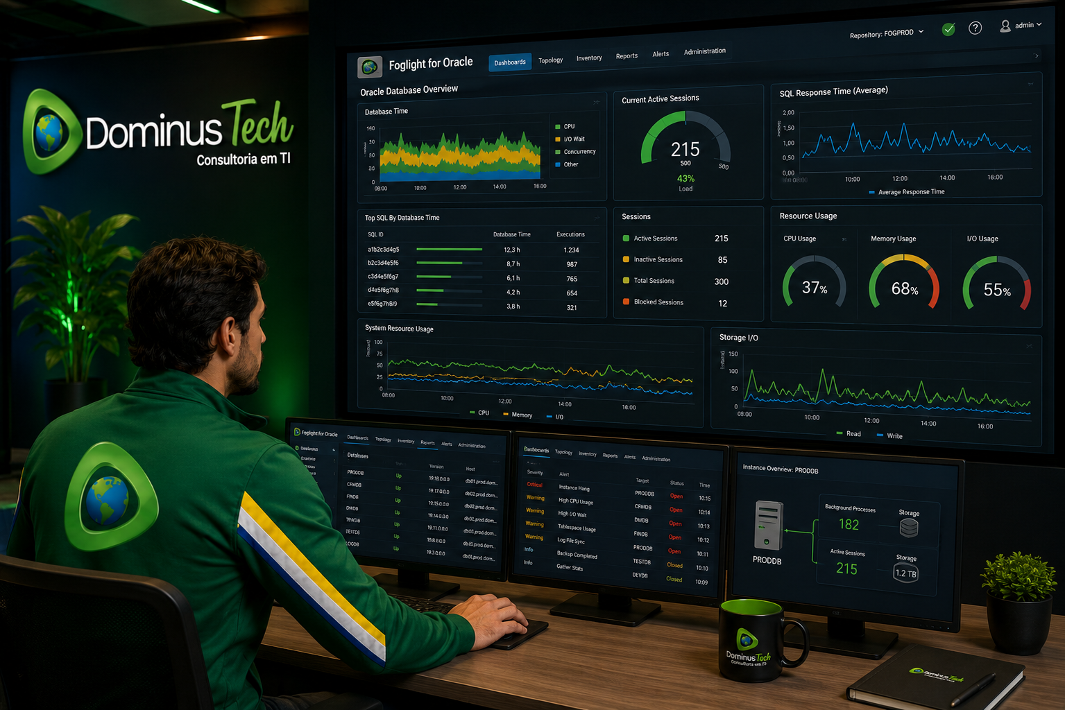 Dashboard do Foglight for Oracle exibindo métricas de desempenho, sessões ativas, utilização de CPU, memória, armazenamento e recursos do Oracle Database, monitorado por um especialista da Dominus Tech em um Centro de Operações (NOC) corporativo.