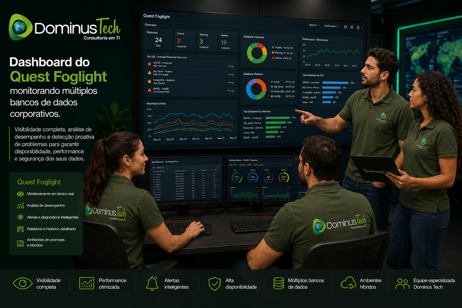 Equipe da Dominus Tech monitorando múltiplos bancos de dados corporativos por meio do dashboard do Quest Foglight, com visualização em tempo real de desempenho, disponibilidade, alertas e integridade dos ambientes de banco de dados.