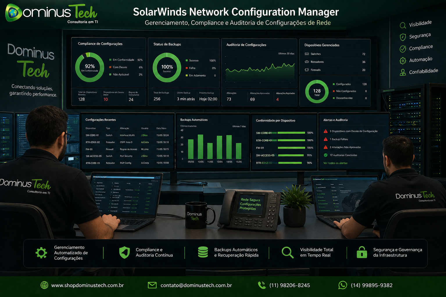 Equipe da Dominus Tech em centro de operações utilizando SolarWinds Network Configuration Manager para gerenciar configurações de switches, roteadores e firewalls com dashboards de compliance, backups automáticos e auditoria centralizada.