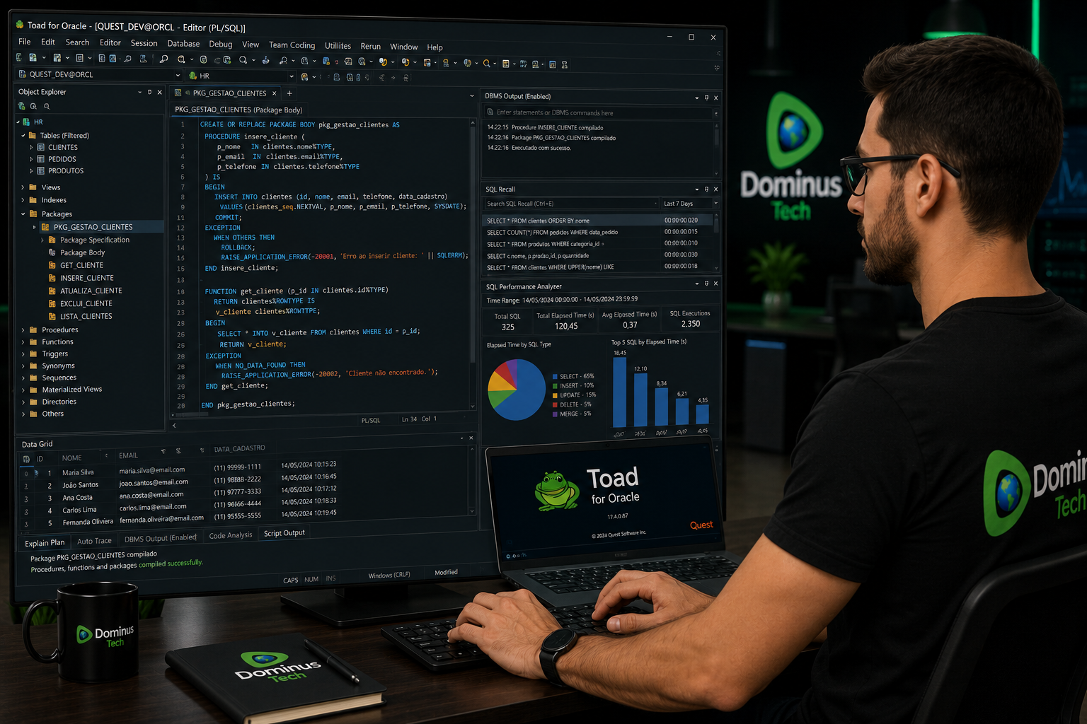 Desenvolvedor Oracle utilizando o Toad for Oracle para desenvolver código PL/SQL em ambiente corporativo, com editor de código, explorador de objetos, análise de desempenho SQL e ferramentas de administração de banco de dados em um moderno escritório da Dominus Tech.