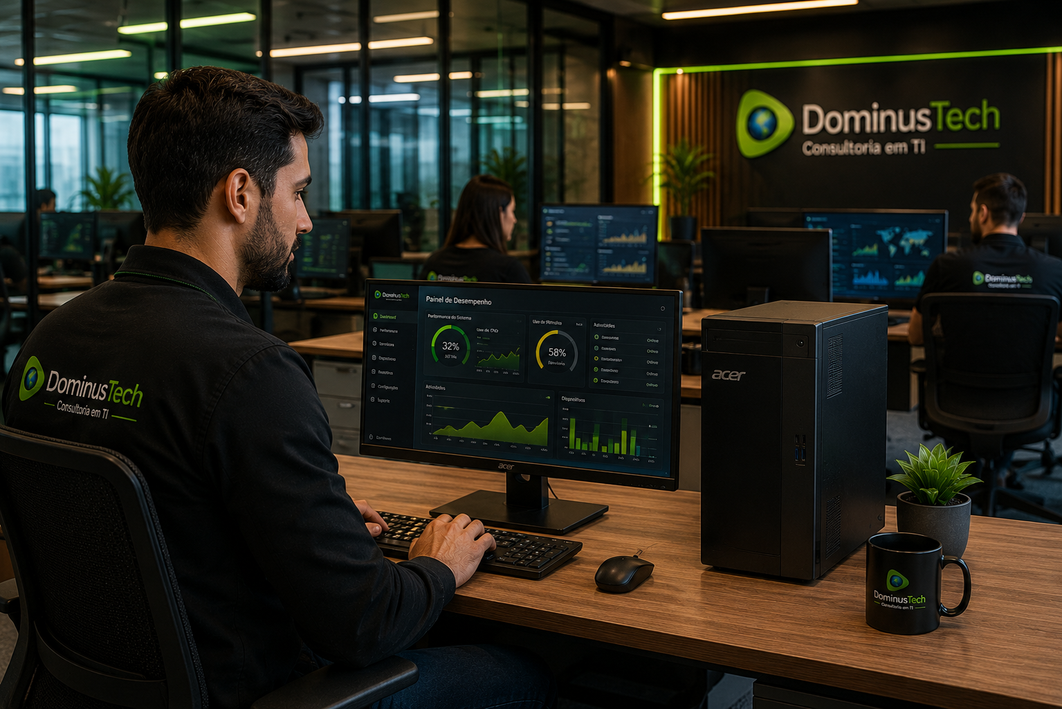 Desktop Acer instalado em um escritório corporativo moderno, sendo utilizado por profissionais da Dominus Tech em um ambiente de tecnologia com dashboards de monitoramento e infraestrutura de TI.