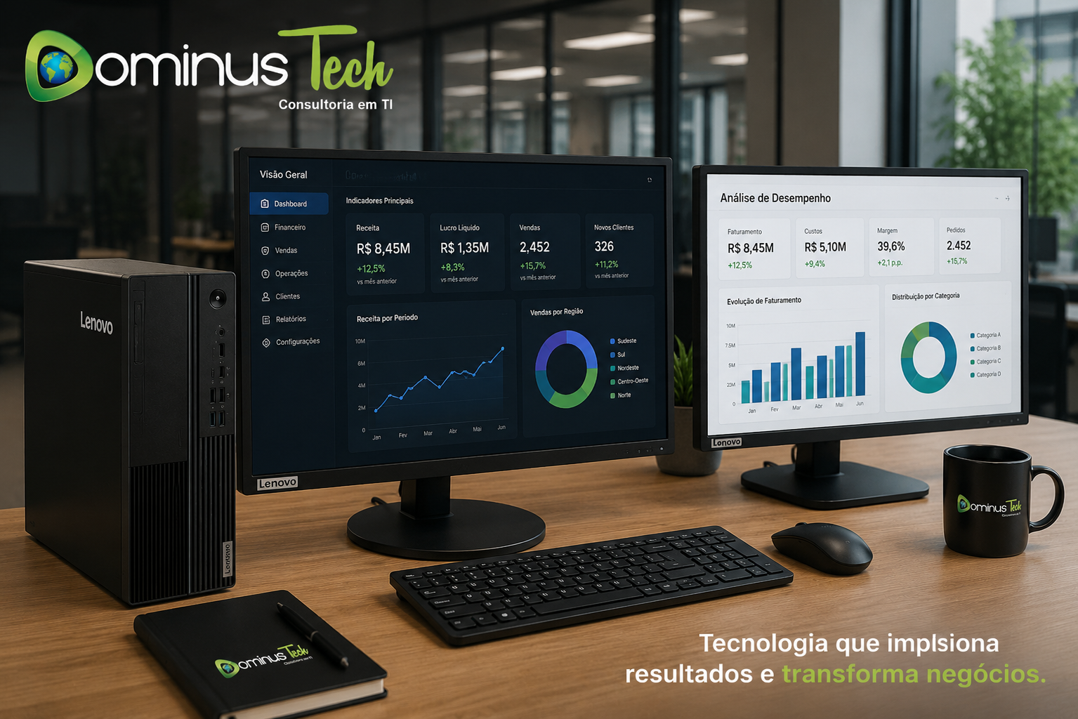 Desktop Lenovo corporativo executando aplicações empresariais, dashboards de analytics e indicadores de desempenho em ambiente corporativo, com soluções de infraestrutura de TI da Dominus Tech.