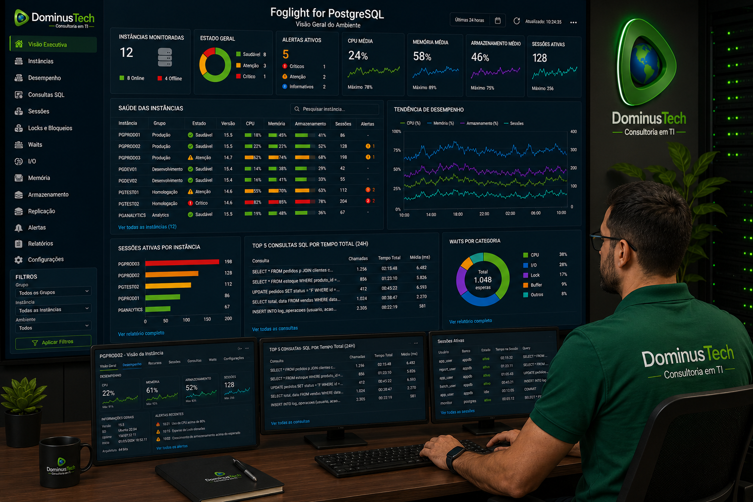 Administrador PostgreSQL da Dominus Tech monitorando ambiente corporativo com o Quest Foglight, acompanhando dashboards de desempenho, saúde das instâncias, sessões ativas, consultas SQL, utilização de CPU, memória, armazenamento e alertas operacionais em tempo real.