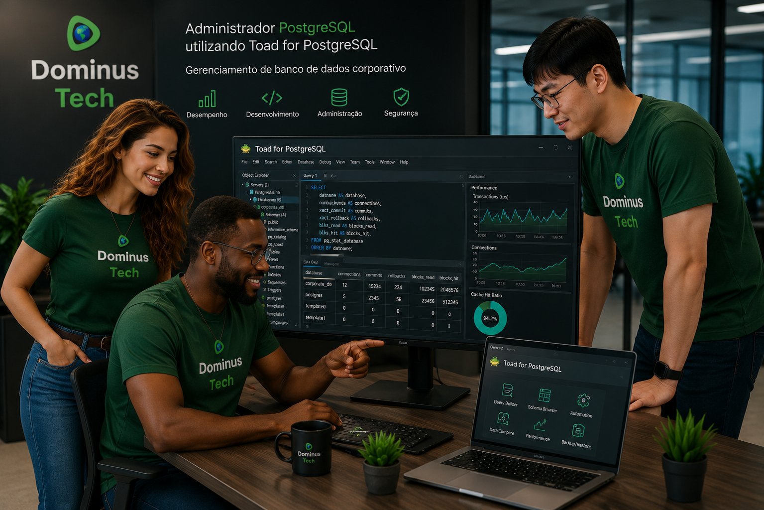 Administrador PostgreSQL da Dominus Tech utilizando Toad for PostgreSQL para gerenciamento de banco de dados corporativo com equipe diversa em ambiente moderno