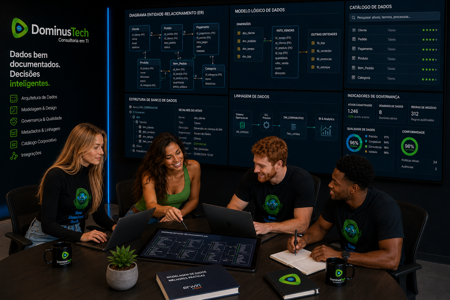 Equipe de arquitetos de dados da Dominus Tech documentando diagramas entidade-relacionamento (ER), modelos de dados, metadados e estruturas de bancos de dados em painéis digitais utilizando o ecossistema Erwin by Quest.