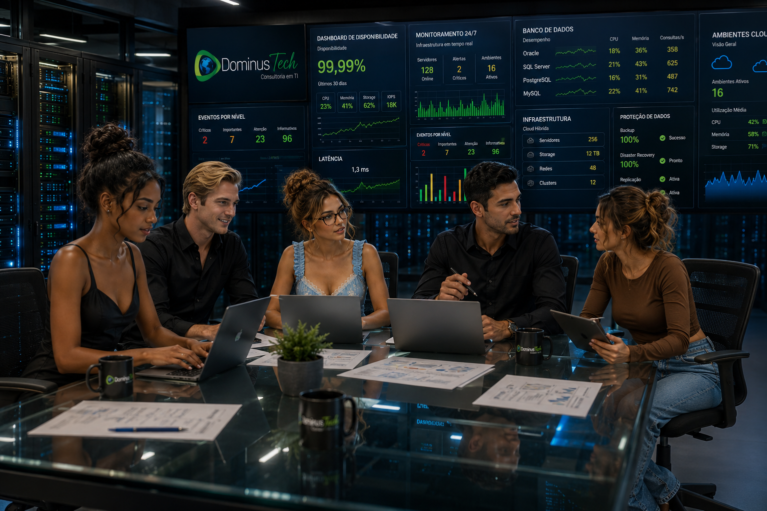 Equipe da Dominus Tech reunida em um Centro de Operações de Tecnologia (NOC), analisando dashboards de observabilidade em grandes monitores com métricas de servidores, redes, bancos de dados, aplicações, disponibilidade, desempenho e ambientes cloud em tempo real.