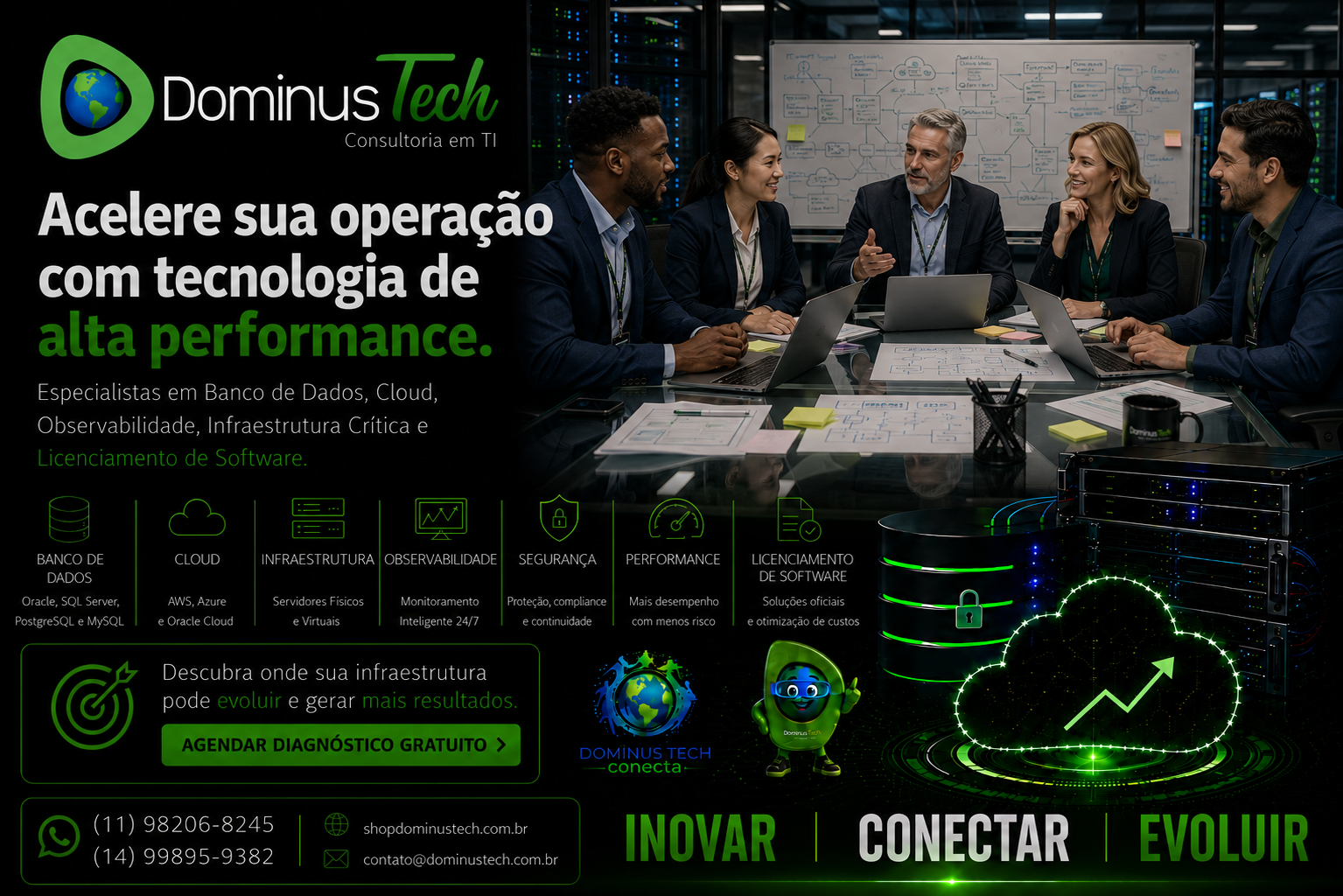 Banner institucional da Dominus Tech mostrando equipe de especialistas em reunião estratégica de TI, com foco em banco de dados, cloud, observabilidade, infraestrutura crítica, segurança, licenciamento de software e monitoramento corporativo de ambientes híbridos.