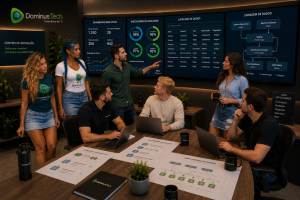 Equipe multidisciplinar da Dominus Tech reunida em um centro de inovação analisando dashboards de Data Intelligence, catálogo corporativo de dados, linhagem de dados (Data Lineage), indicadores de qualidade e métricas estratégicas em grandes monitores, utilizando o ecossistema Erwin by Quest para fortalecer a governança e a gestão de dados corporativos.