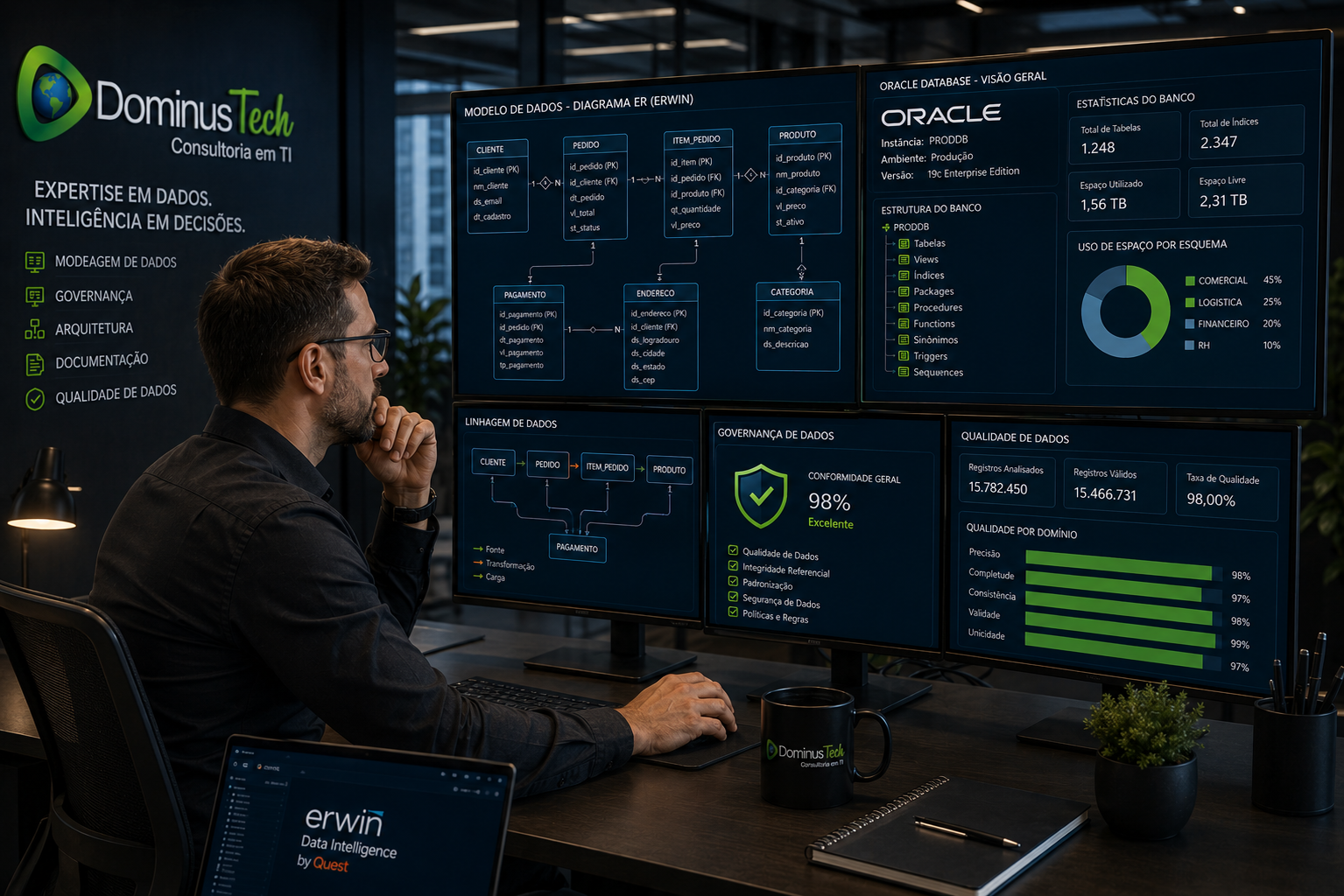 Administrador de banco de dados da Dominus Tech analisando modelos Oracle com diagramas ER, governança de dados e arquitetura corporativa em monitores avançados