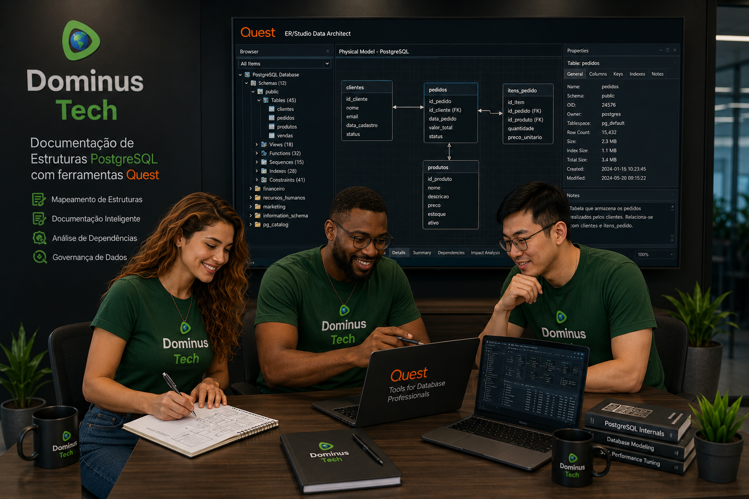 Equipe da Dominus Tech documentando estruturas PostgreSQL com ferramentas Quest em ambiente corporativo de banco de dados