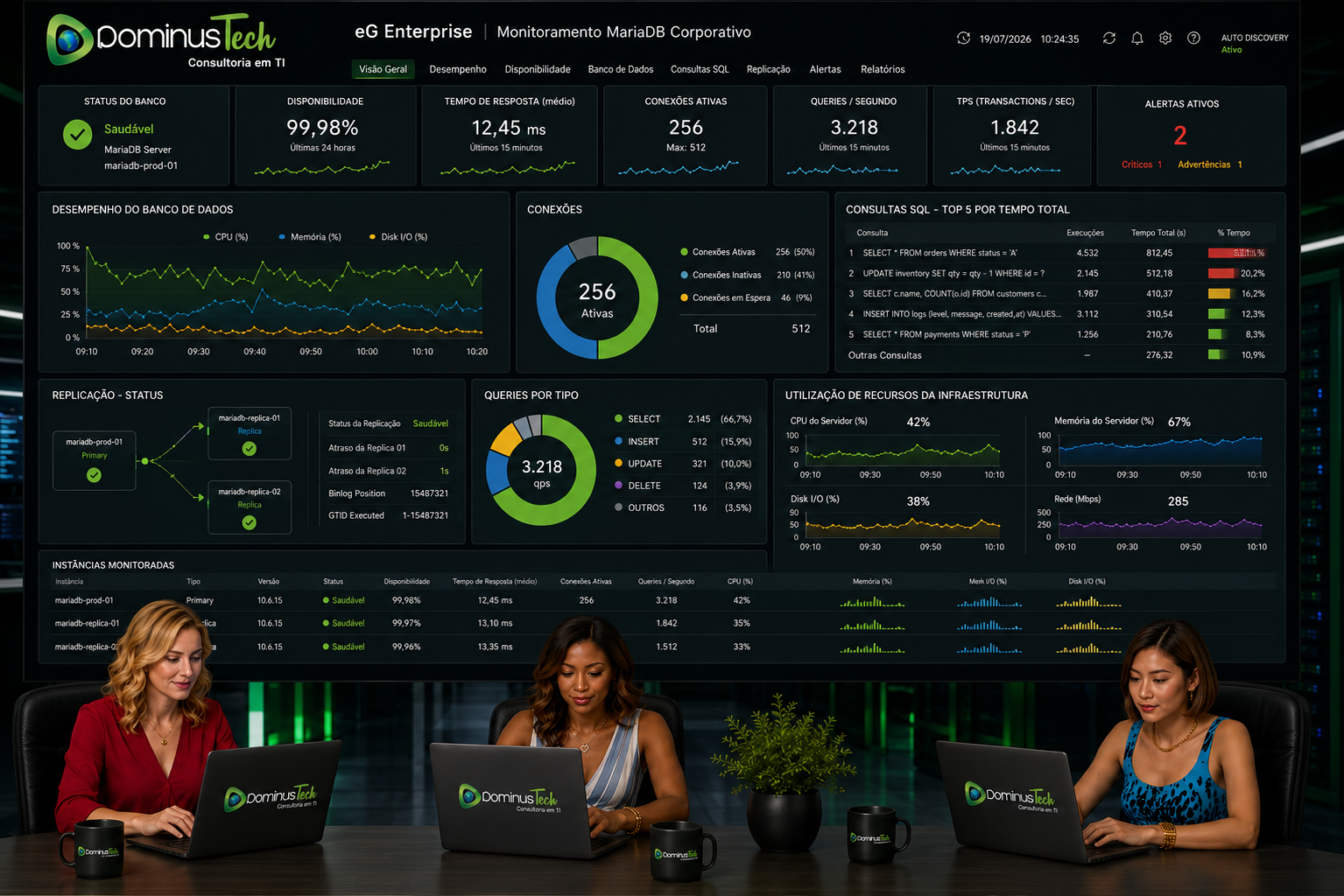 Dashboard do eG Enterprise monitorando ambiente MariaDB corporativo com métricas de desempenho, disponibilidade, conexões, consultas SQL e utilização de recursos da infraestrutura em tempo real pela equipe da Dominus Tech.